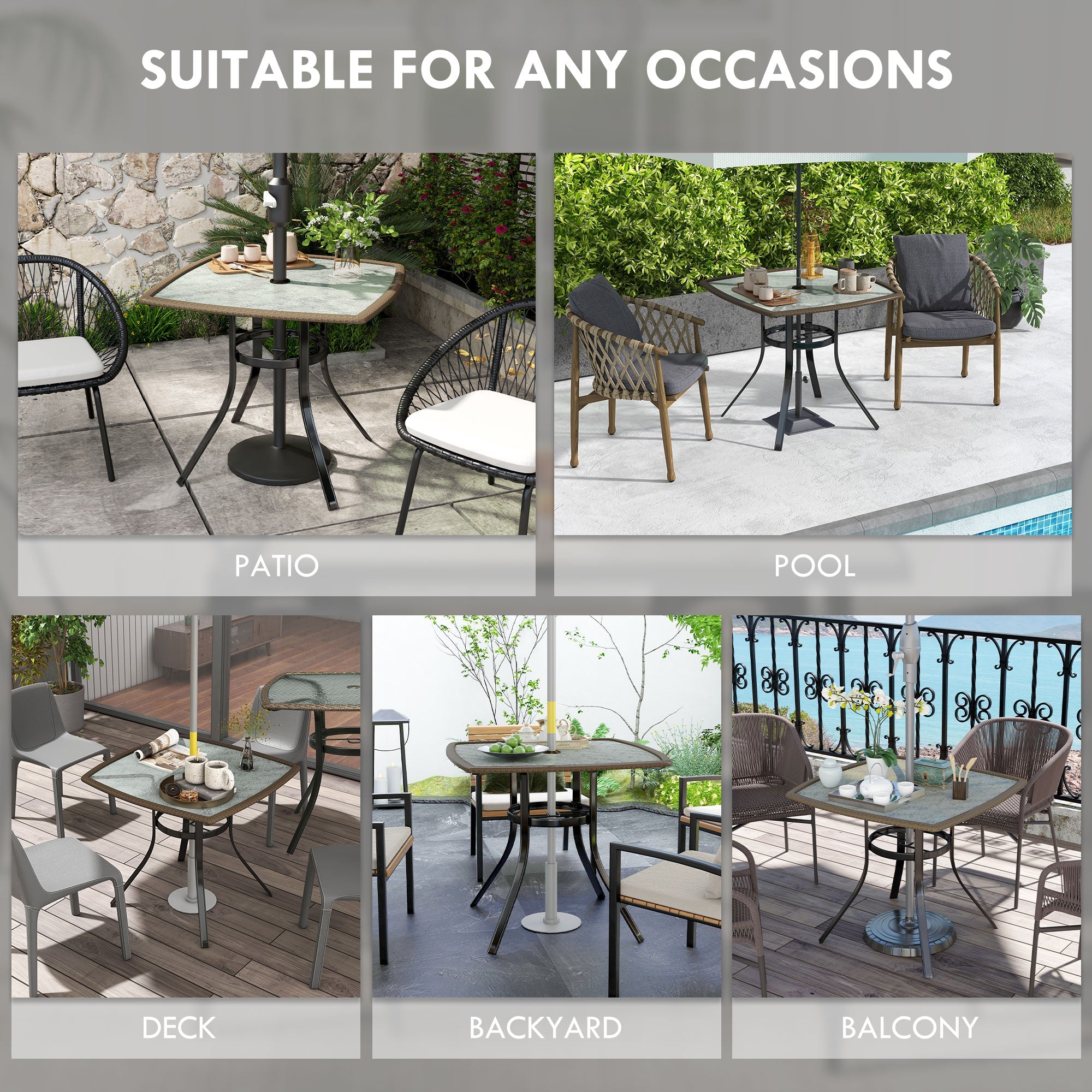 Outsunny Outdoor Oasis: 34" Square Patio Dining Table with Water-Grain Glass Top, Umbrella Hole, Dark Brown Finish 
