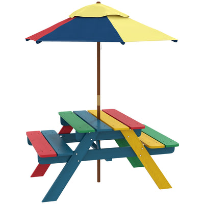 Outsunny Kids Wooden Picnic Table Bench Set with Removable Umbrella, Ideal for Backyard, Garden, Ages 3-6 