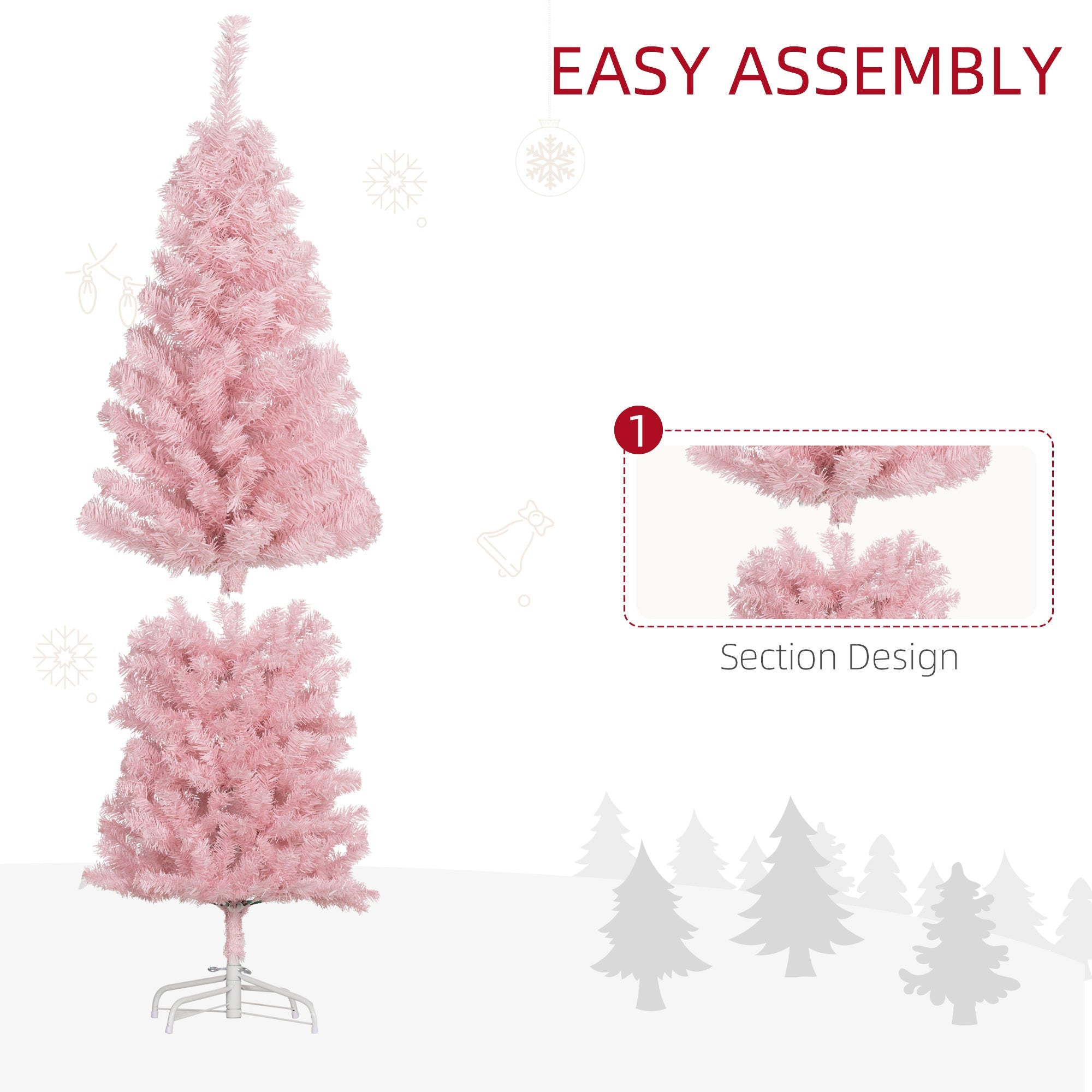 HOMCOM 5FT Pencil Christmas Tree, Artificial Christmas Tree with Automatic Open for Home Party, Pink 