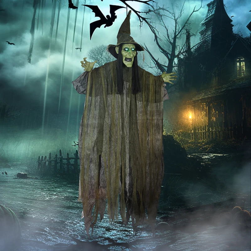 Outsunny Animated Hanging Witch – Voice-Activated, Flashing Eyes & Wicked Laughter, Green Halloween Prop 