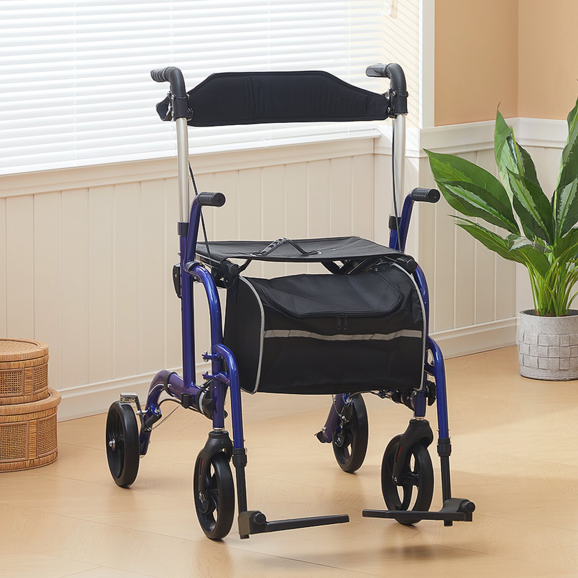 HOMCOM Rollator Walker with Seat, Folding Rolling Walker with 8" Wheels, Walker for Seniors with Adjustable Height, Blue 