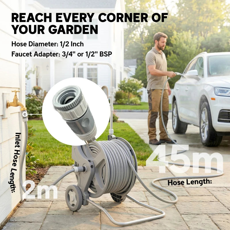 Hose Reel Cart with Wheels, 1/2" x 148ft Garden Hose Reel with 2 Patterns Nozzle, Faucet Adaptors, Rewind Handle, Grey