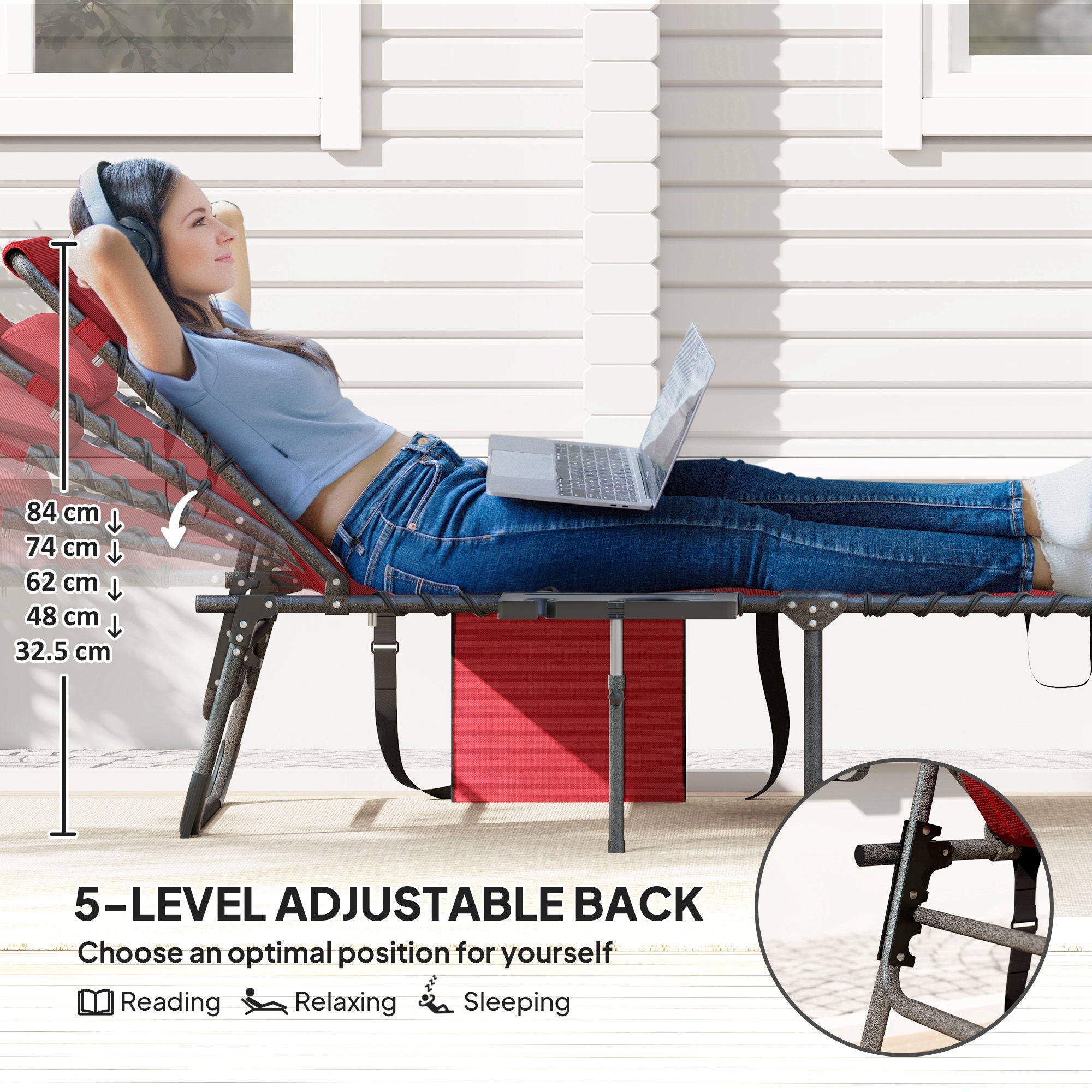 Outsunny Outdoor Folding Lounge Chair, Reclining Chaise Lounge Tanning Chair with Adjustable Back, Side Table, Headrest, Red 
