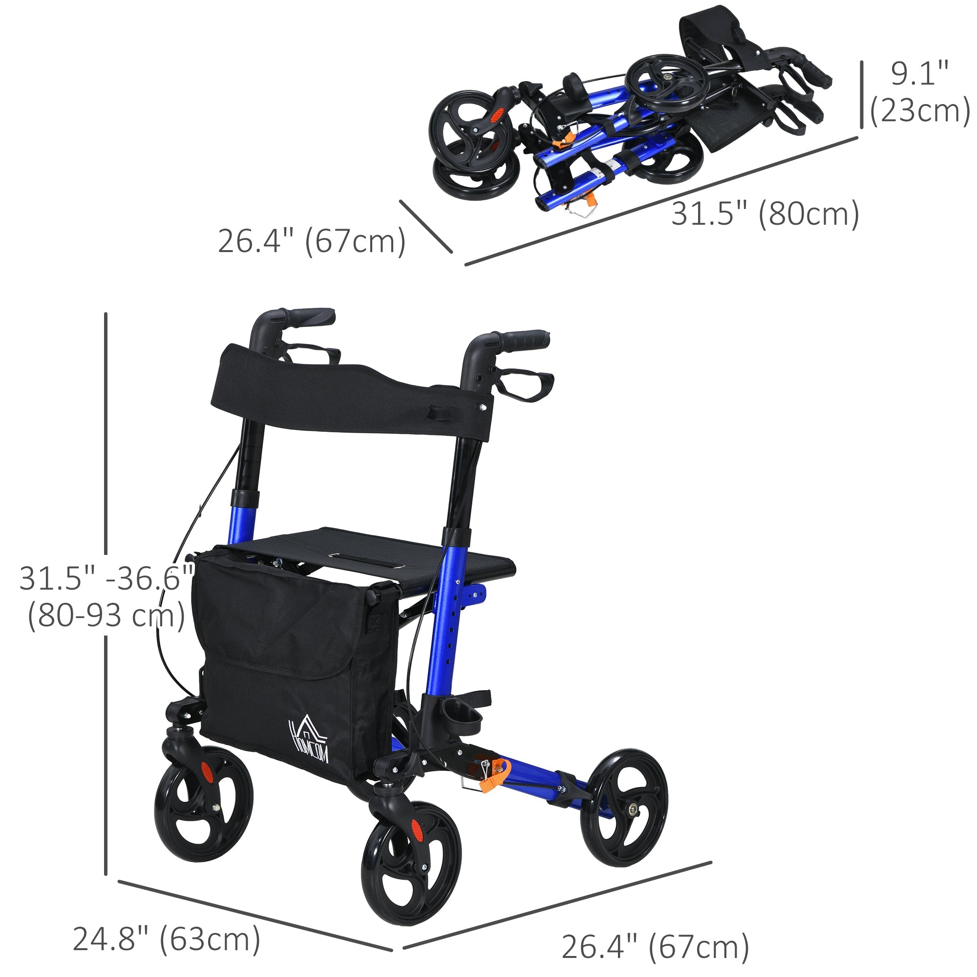 HOMCOM Rollator for Seniors with Seat, Back, Cane Holder, Aluminium Folding Rolling Walker with Adjustable Handle, Bag, Blue 