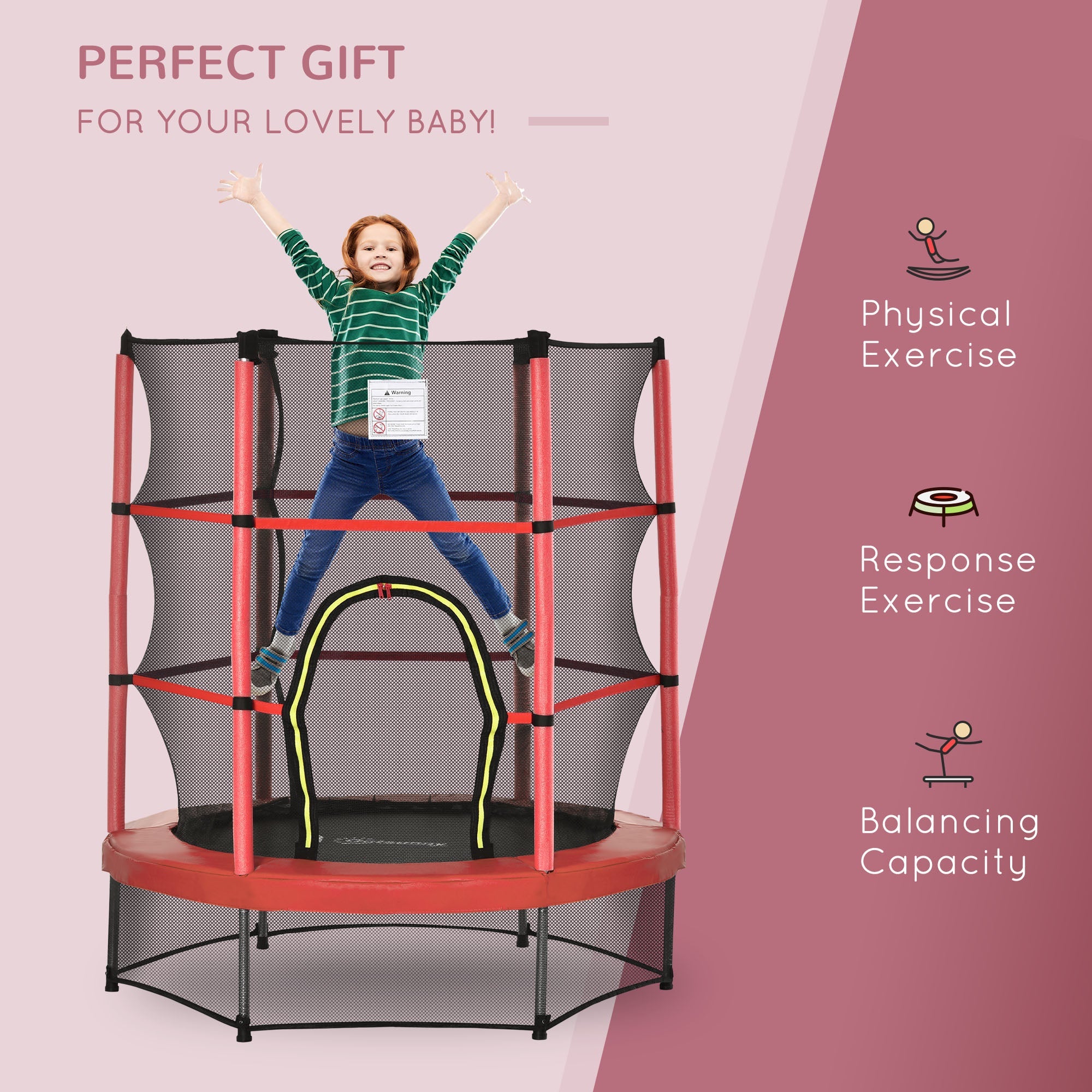 Outsunny 55" Kids Trampoline with Enclosure Net for Indoor/Outdoor, Trampoline for Boys and Girls Age 3-6 Years, Red 