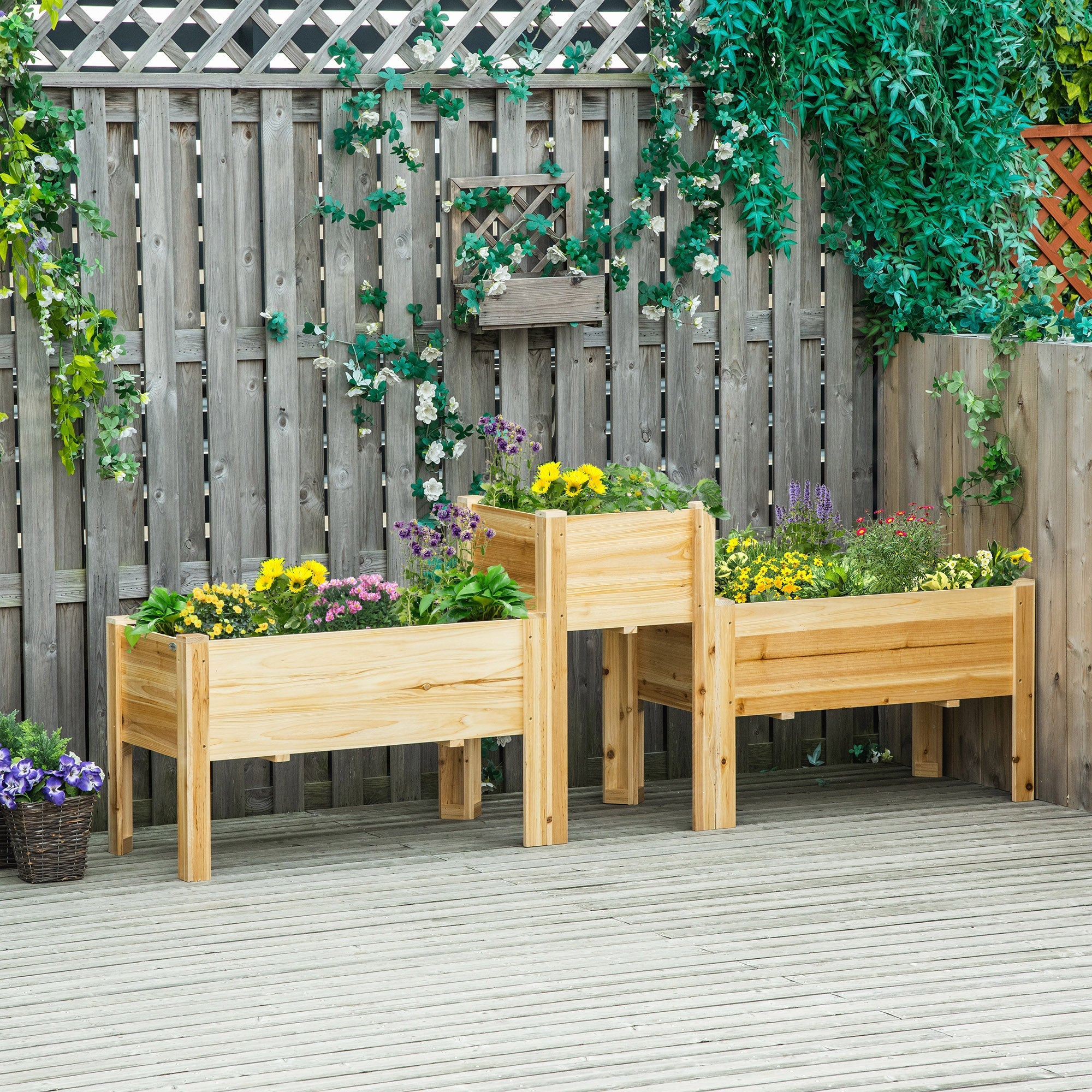 Outsunny Raised Garden Bed Set of 3, Wood Planter Box, Outdoor Freestanding Garden Boxes for Fruit Vegetable Flower Herb 