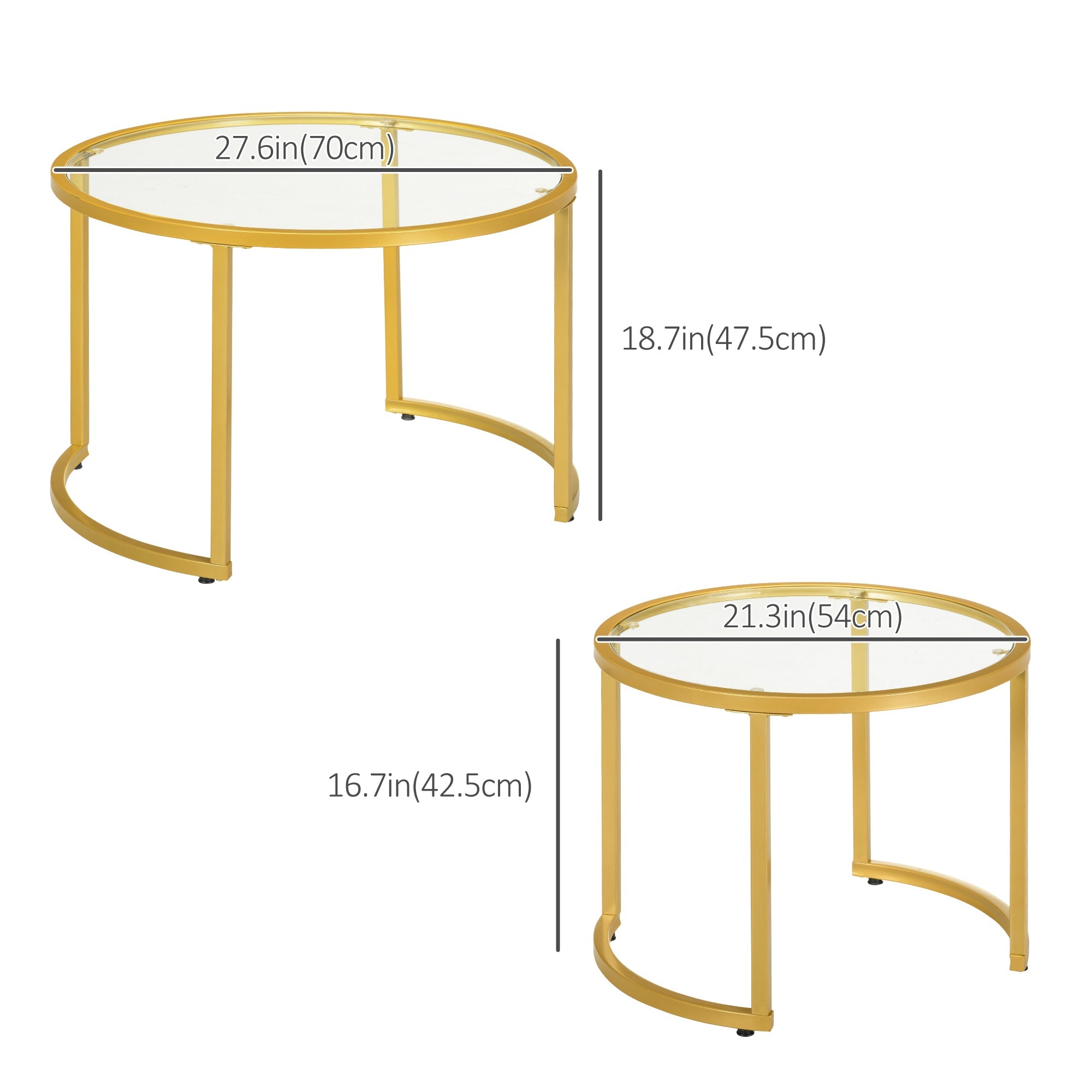 Homcom Gold Round Nesting Tables: Set of 2 with Tempered Glass Top & Steel Frame for Modern Living Room 