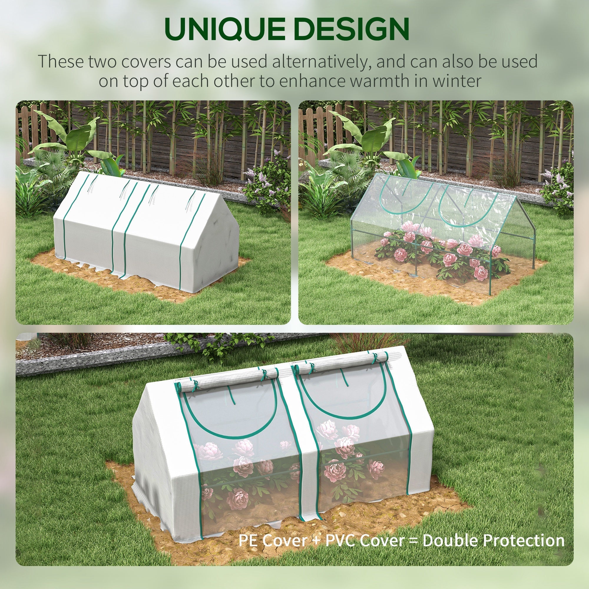 Outsunny 6' x 3' x 3' Portable Mini Greenhouse, Garden Green House Kit with 2 PE/Plastic Covers, Steel Frame and 2 Roll Up Zipper Windows, White 