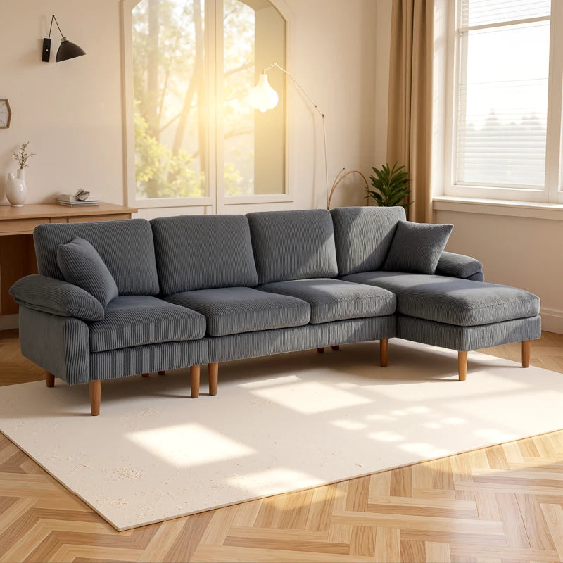 L-Shape Sofa with Changeable Chaise Lounge, 2 Pillows and Wooden Legs, Modern Sectional Couch for Living Room, Dark Grey