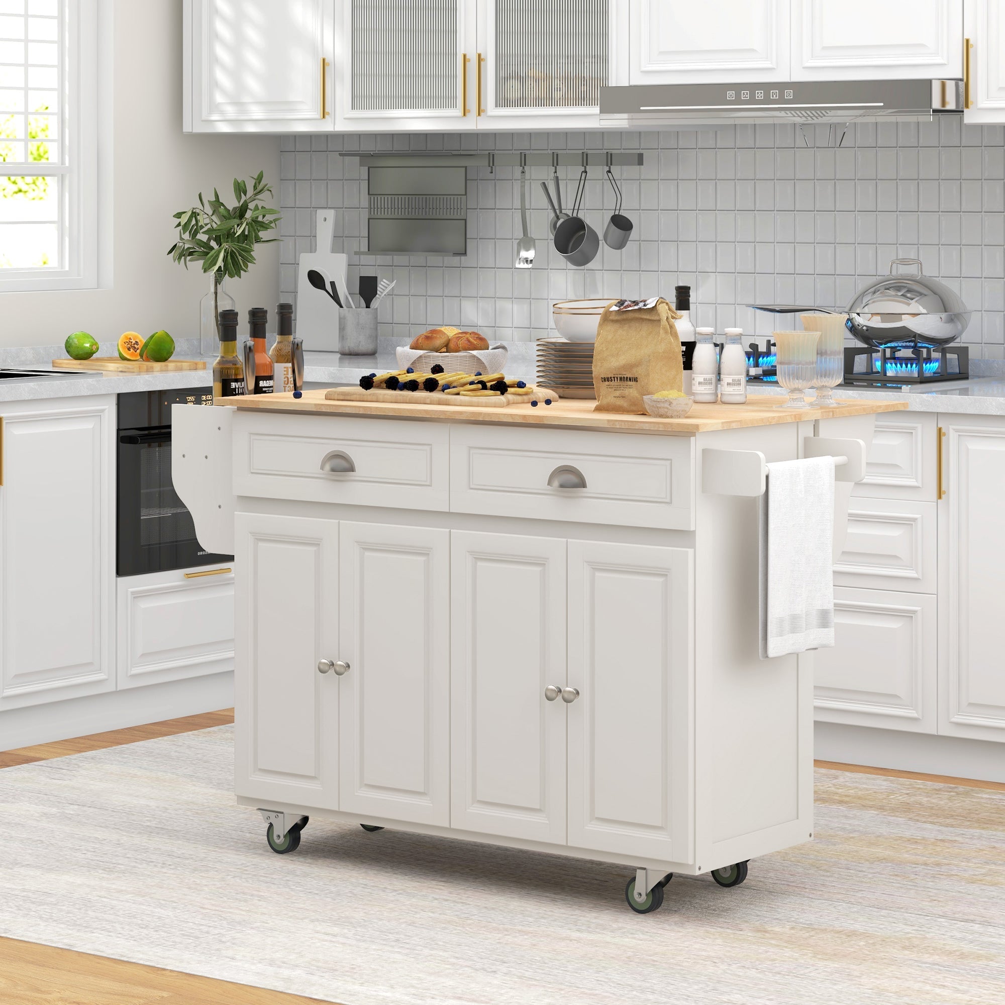 HOMCOM Kitchen Island with Storage, Rolling Kitchen Island with Drop Leaf, Rubber Wood Top and Adjustable Shelves, Cream White 
