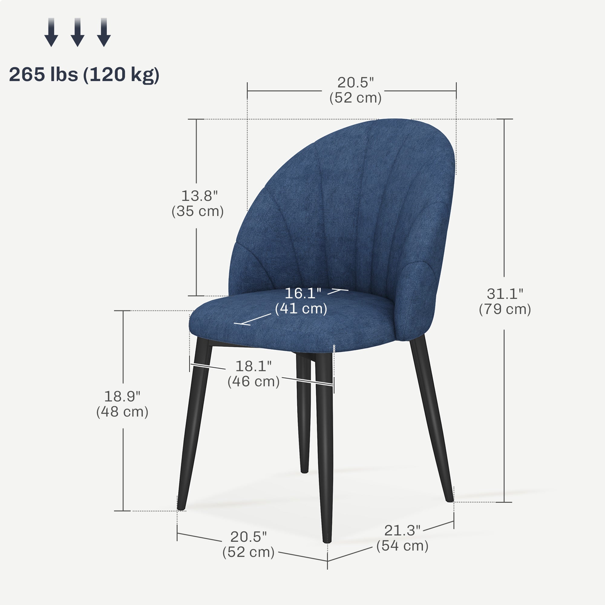 HOMCOM Modern Dining Chairs Set of 4, Upholstered Dining Room Chairs with Metal Legs, Shell Backrest, Padded Seat, Blue 