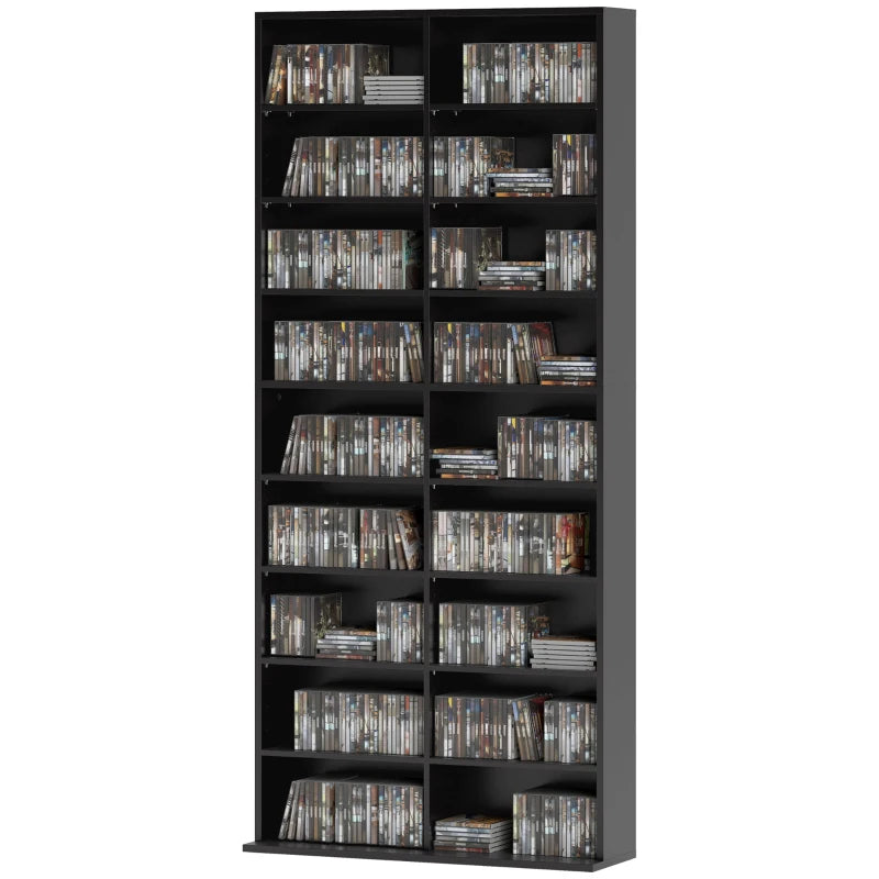 9-Tier DVD Shelf with 18 Compartments and 14 Adjustable Shelves, Holds 640 CDs, 360 DVDs or 430 Blu-rays, Black