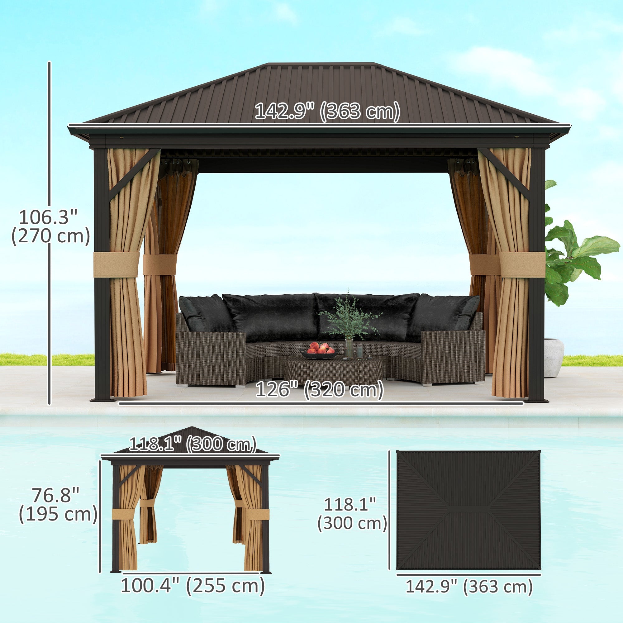 Outsunny 10' x 12' Outdoor Hardtop Gazebo Metal Roof Patio Gazebo with Aluminum Frame, Mesh Nettings, Brown 