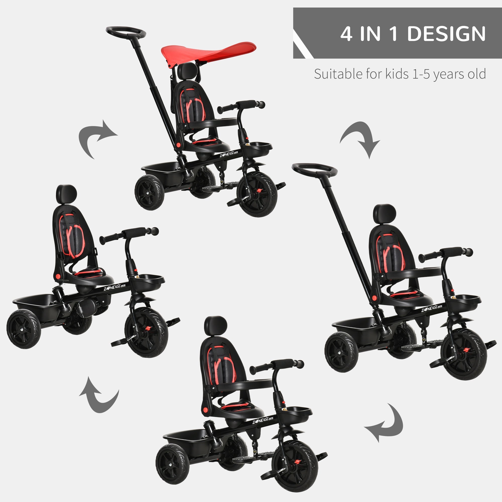 Aosom Qaba Stroller Trike: Baby Tricycle 4 In 1, Reversible Seat, Adjustable Removable Canopy, Handrail Belt, Red 