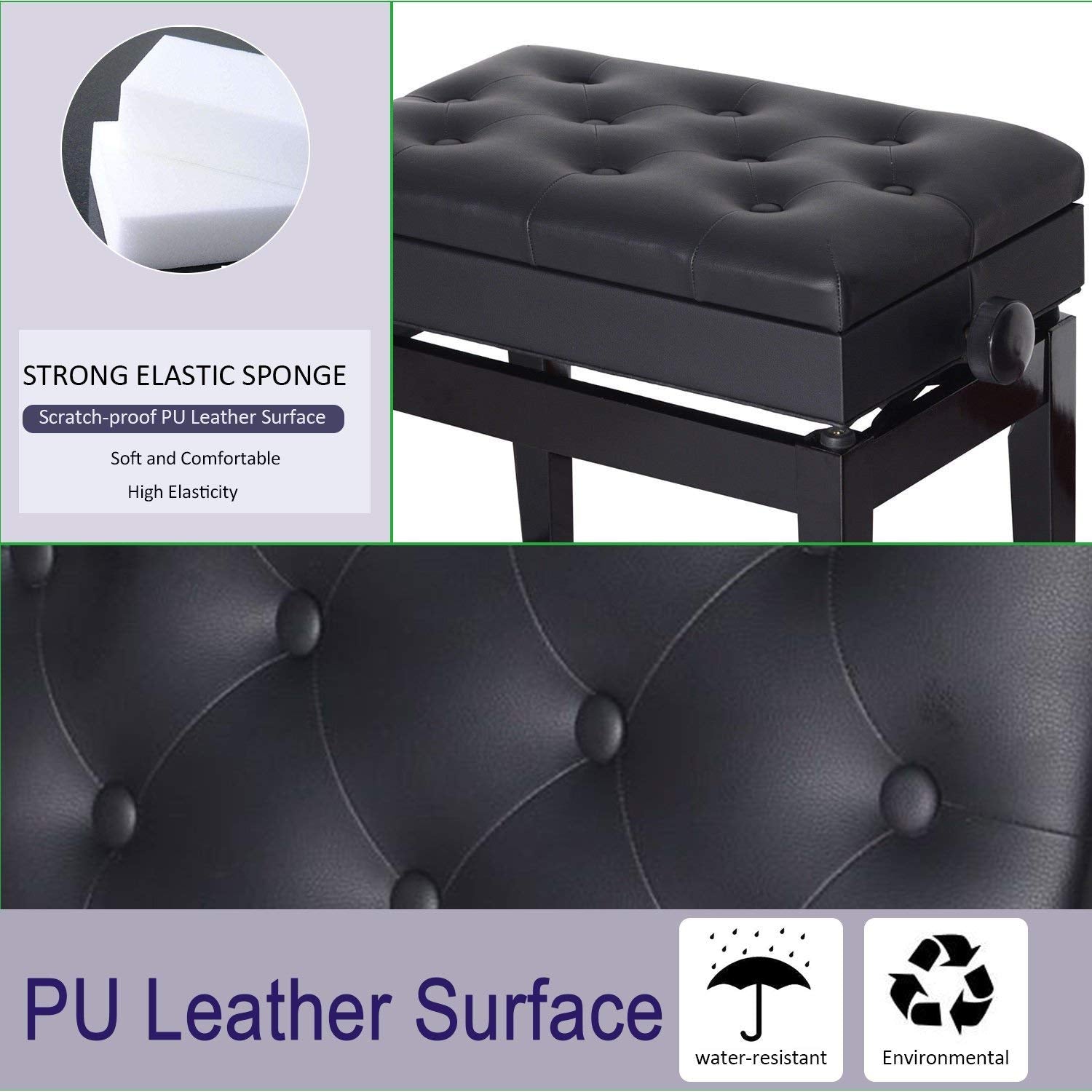 HOMCOM Height Adjustable Piano Bench w/ Thick and Soft PU Leather Padded w/ Enough Music Storage Design Black 