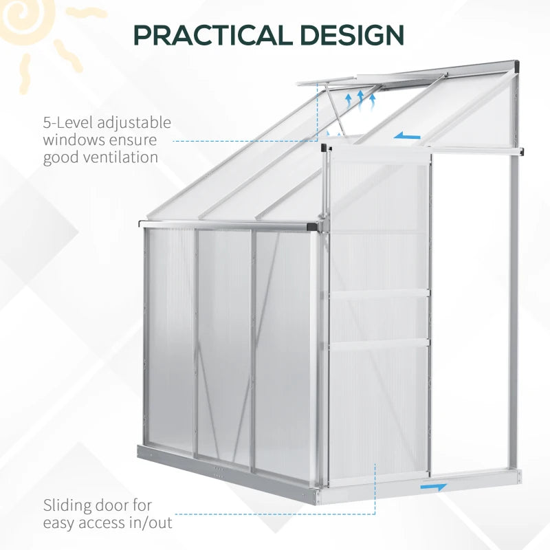 6' x 4' Aluminum Lean-to Greenhouse Polycarbonate Walk-in Garden Greenhouse with Adjustable Roof Vent, Rain Gutter and Sliding Door for Winter, Clear