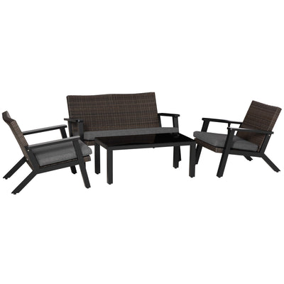 Outsunny Alfresco Elegance: 4-Piece PE Rattan Outdoor Sofa Set with Cushioned Loveseat, Coffee Table, and Tempered Glass Top 
