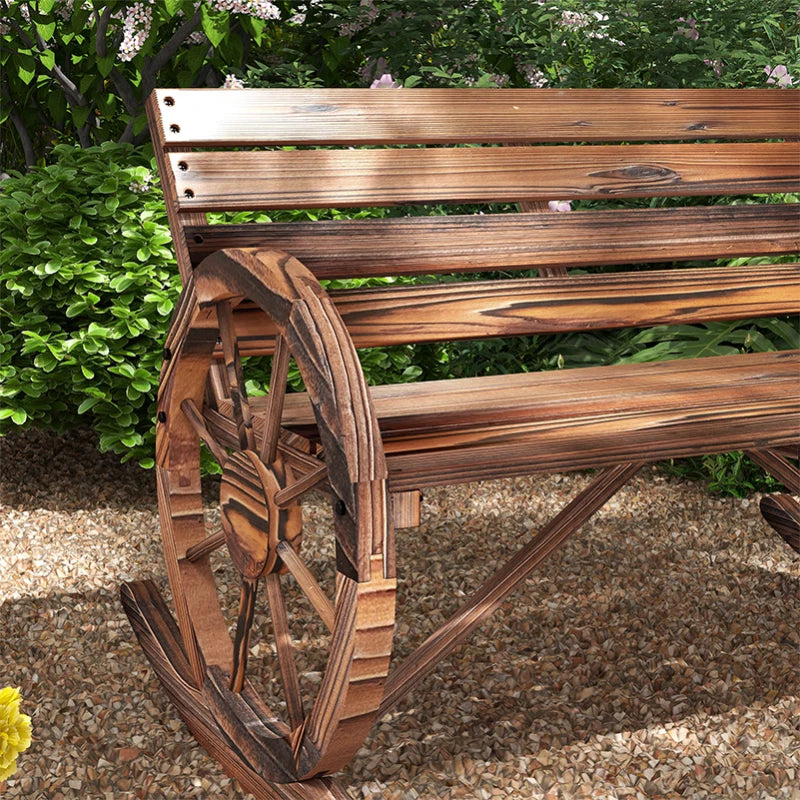 Rocking Outdoor Bench, Wood Outdoor Loveseat with Wagon Wheel Armrests, Carbonized