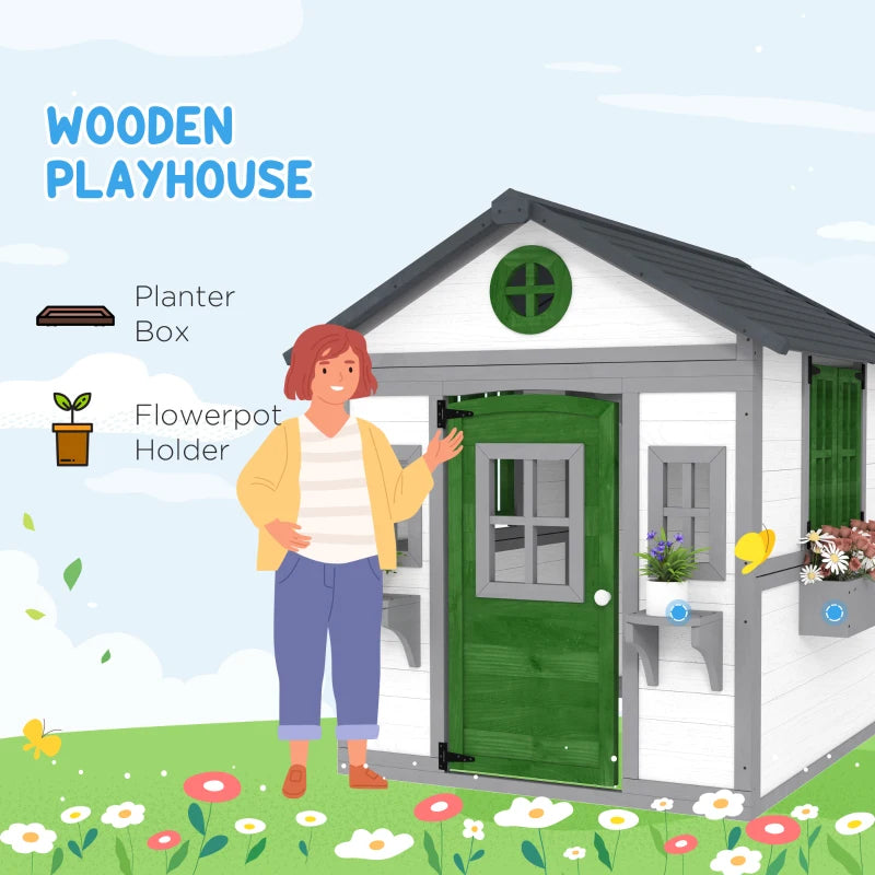 Wooden Playhouse for Kids Outdoor with Door, Windows, Planter Pots and Boxes for Toddlers 3-8 Years, White