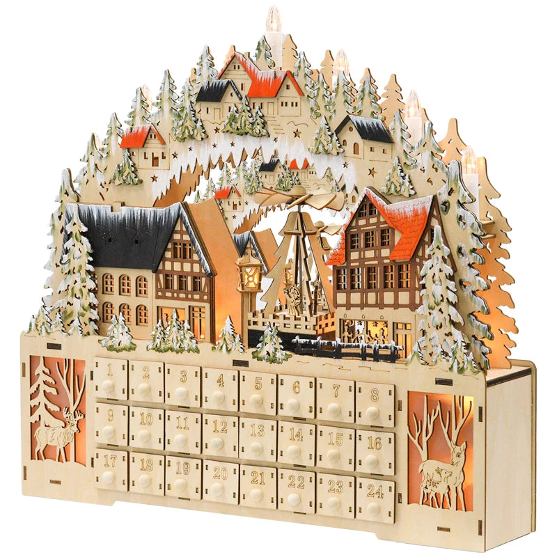 HOMCOM Wooden Christmas Advent Calendar – 24 Fillable Countdown Drawers with LED Lights, Battery Operated, Reusable 