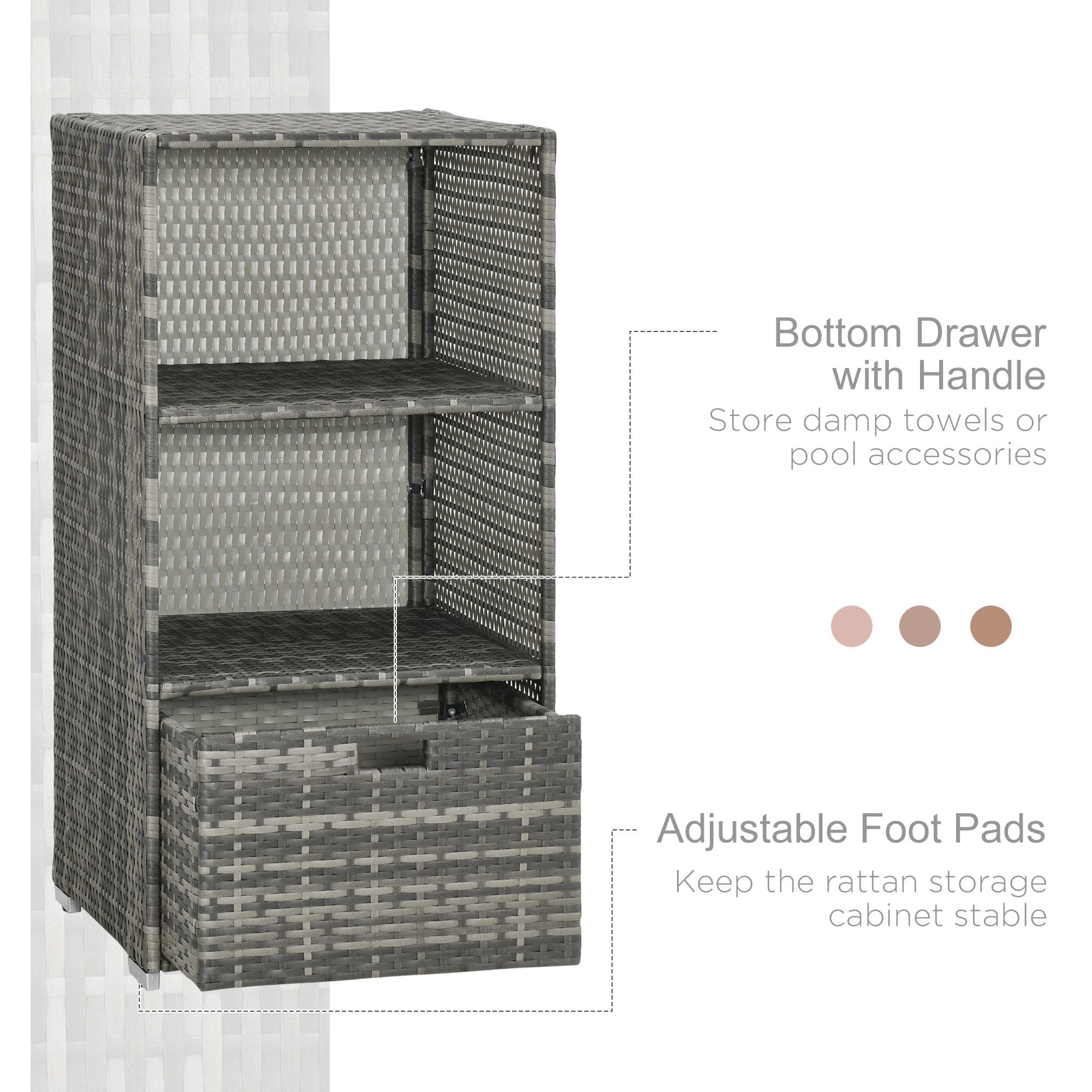 Outsunny Outdoor Storage Cabinet, Patio Storage Box Rack Rattan Wicker w/ 2 Shelf 1 Drawer Garden, Mixed Grey 