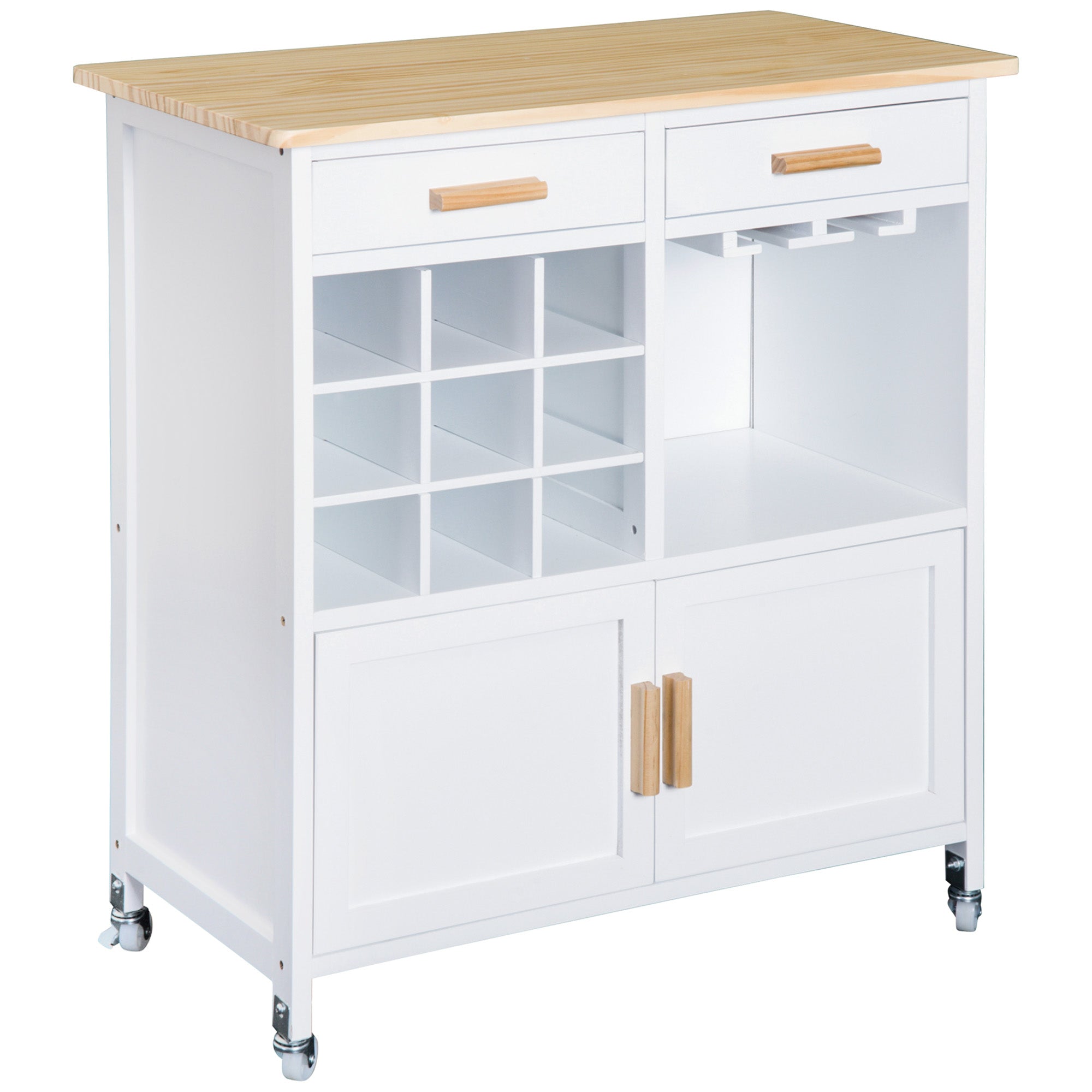 HOMCOM Kitchen Versatility: Portable Trolley with Bamboo Top, Storage Cabinet, and Wine Rack for Culinary Convenience 
