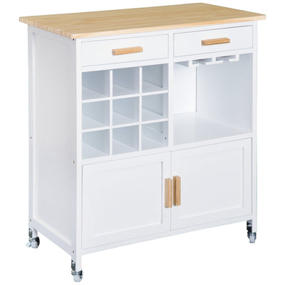 HOMCOM Kitchen Versatility: Portable Trolley with Bamboo Top, Storage Cabinet, and Wine Rack for Culinary Convenience 