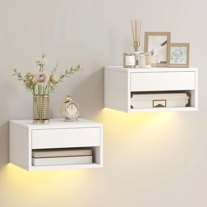 Floating Bedside Table Set of 2 with RGB LED Lights, App-Controlled Wall Mounted Nightstands with Drawer & Open Shelf, White