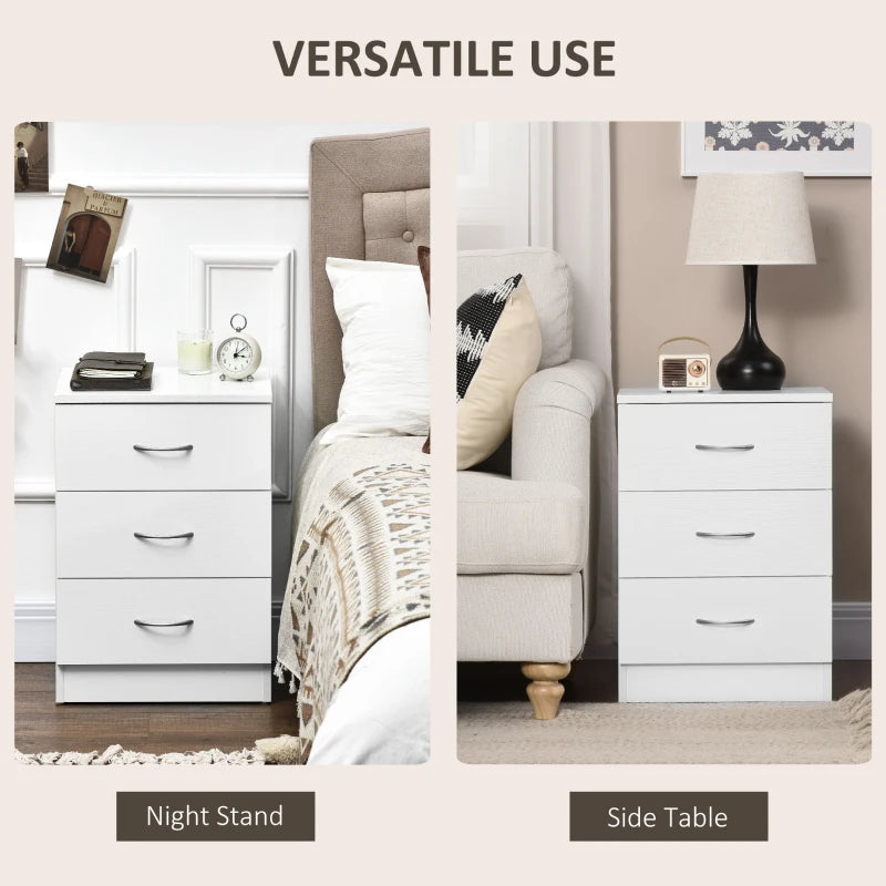 Bedside Table with 3 Drawers, Modern Wood Nightstand, Side Table with Anti-tipping Design for Bedroom, White