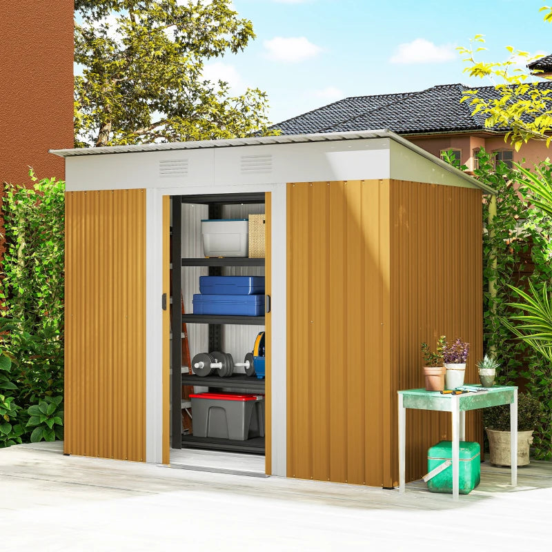 7' x 4' Outdoor Storage Shed, Metal Garden Tool Storage House Organizer with Lockable Sliding Doors and Vents for Backyard Patio Lawn, Yellow