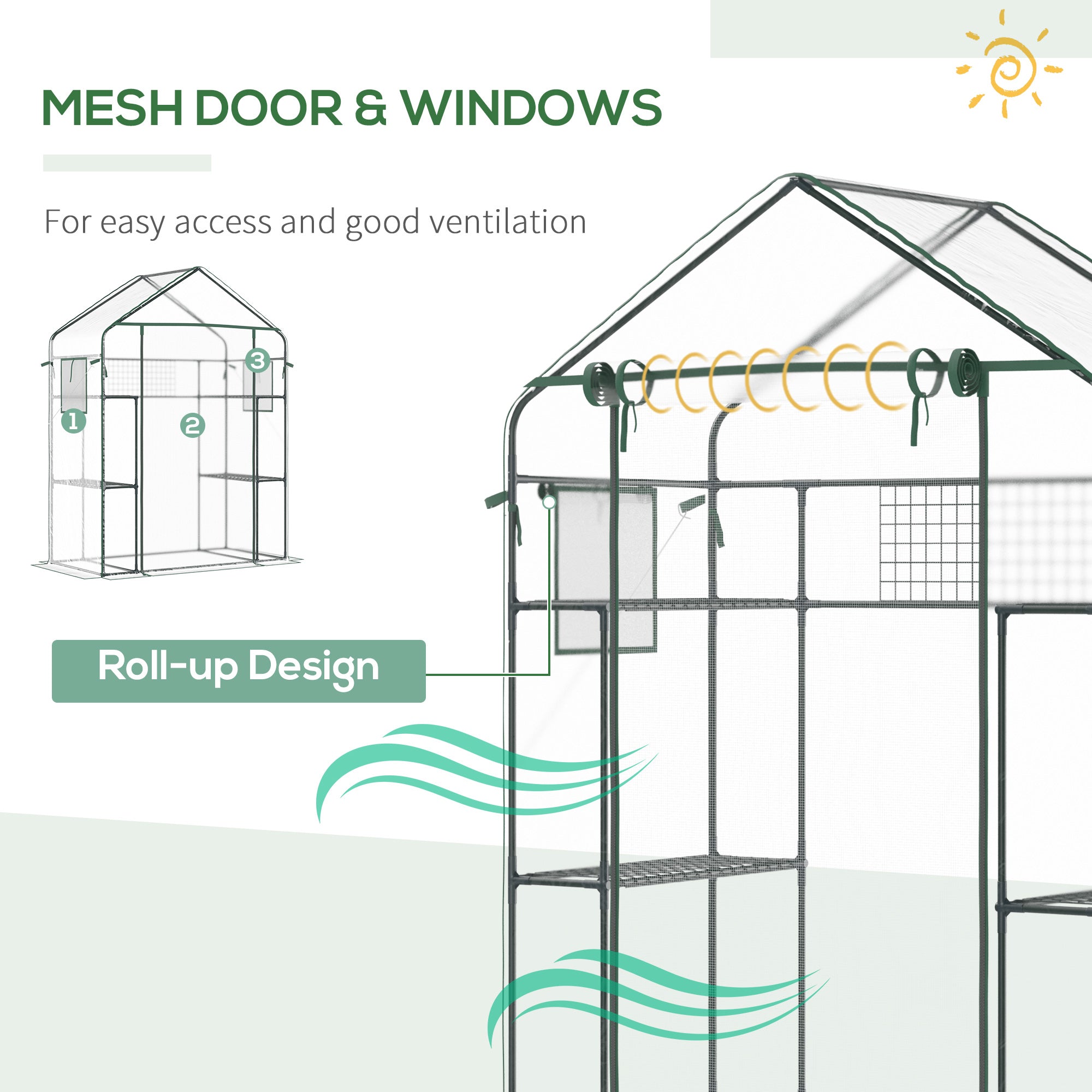 Outsunny 3-Tier Mini Greenhouse, Walk-in Greenhouse, Garden Hot House with 4 Shelves, Roll-Up Door, Mesh Windows, Trellis and Plant Labels, 56" x 29" x 77", Clear 