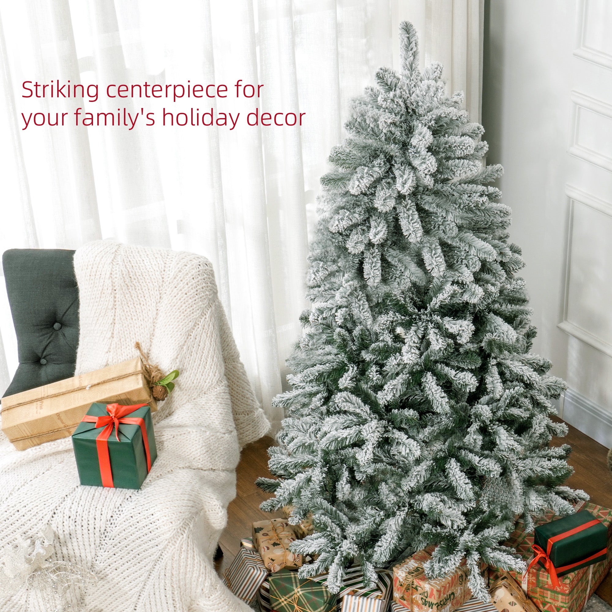 HOMCOM 5 Foot Artificial Flocked Christmas Tree with Snow, Metal Stand, Hinged Xmas Tree for Home Office Holiday 