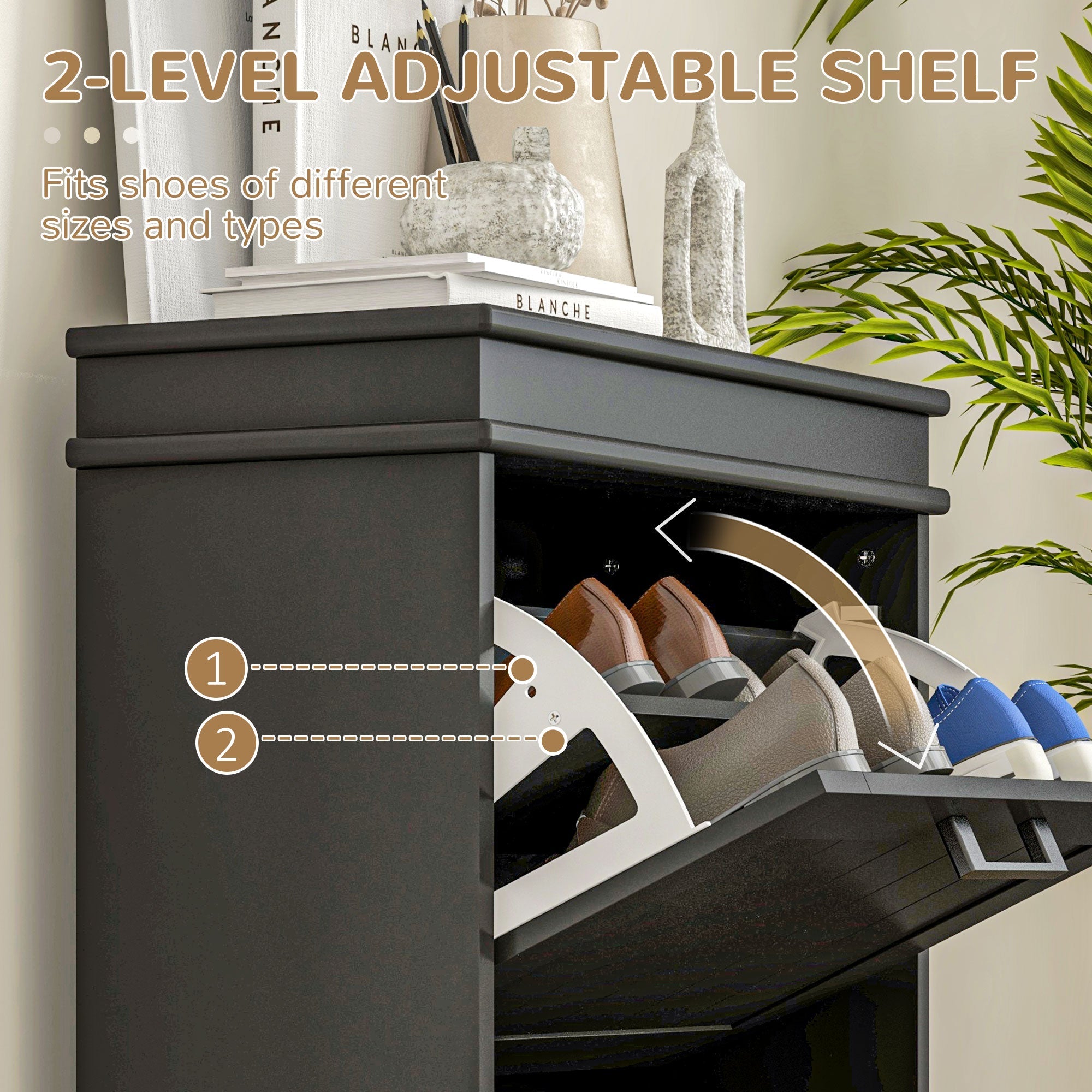HOMCOM Compact Shoe Haven: 2 Flip Drawer Cabinet with Adjustable Shelves for 10 Pairs of Shoes, Black Finish 
