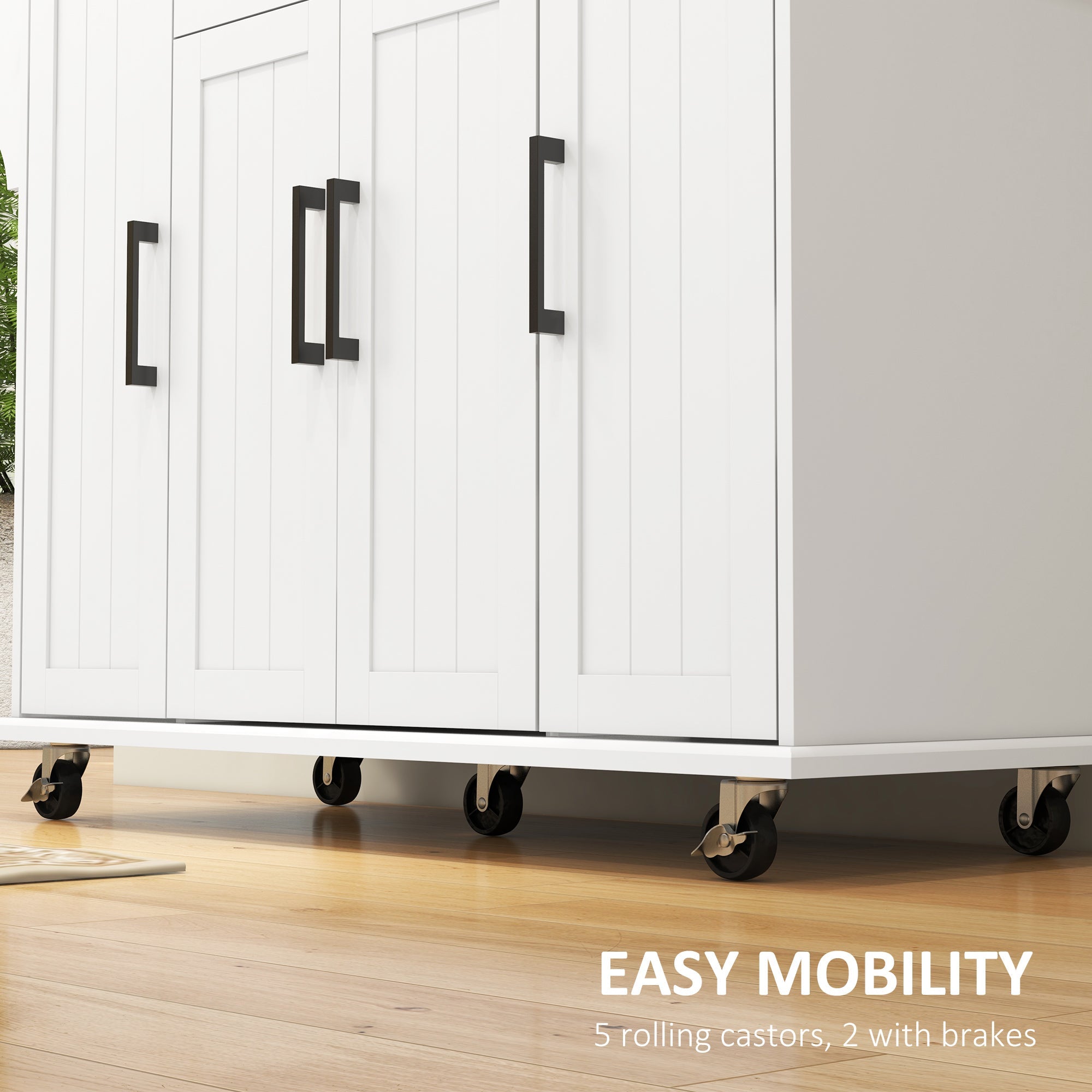 HOMCOM Modern Movable Meal Prep Station: Rolling Kitchen Island Cart, Drawers, Natural Wood Top, Towel Rack, Door Cabinet, White Finish 