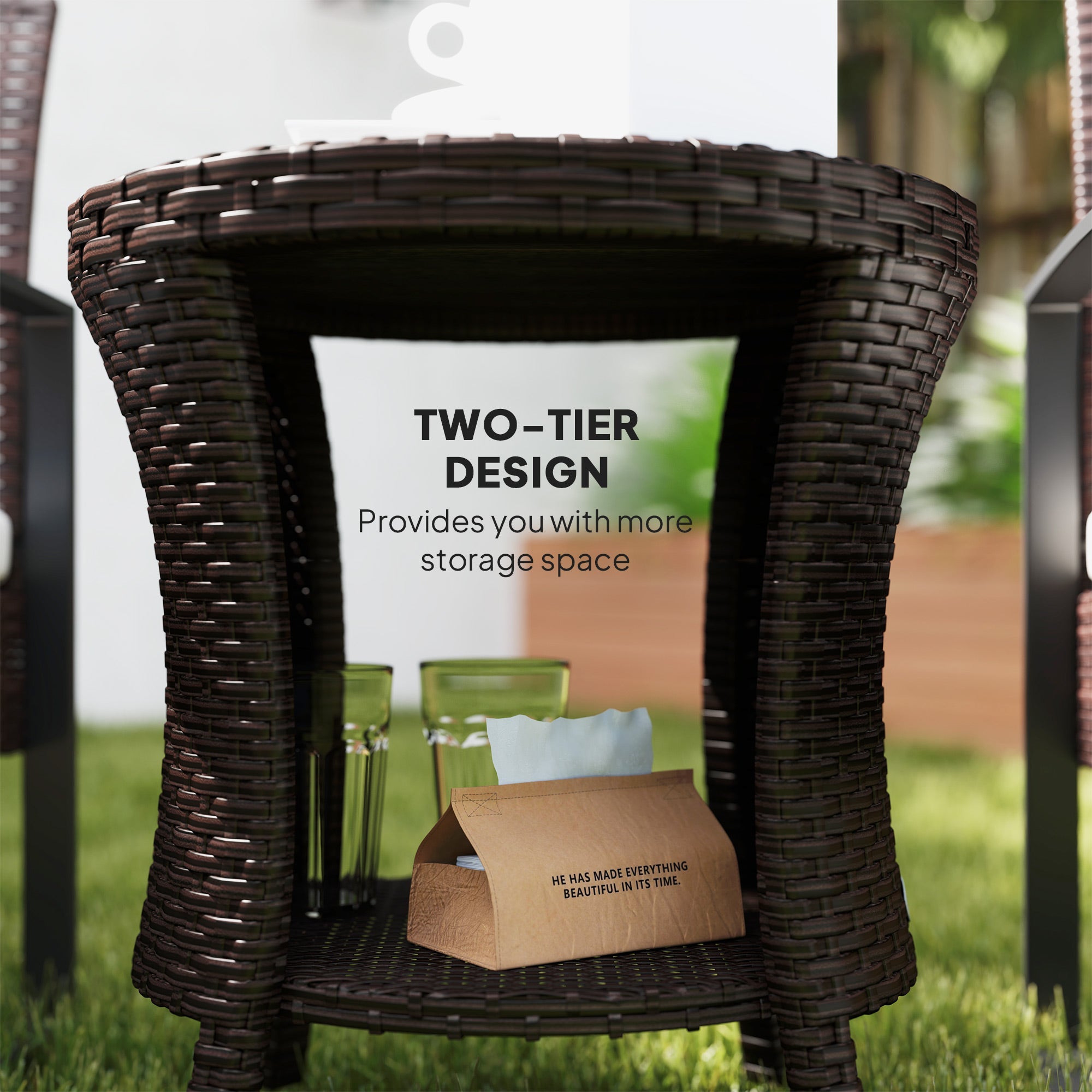 Outsunny 18" Wicker Outdoor Coffee Table, PE Rattan Patio Side Table with 2-Tier Storage, Composite Wood Top, Brown 