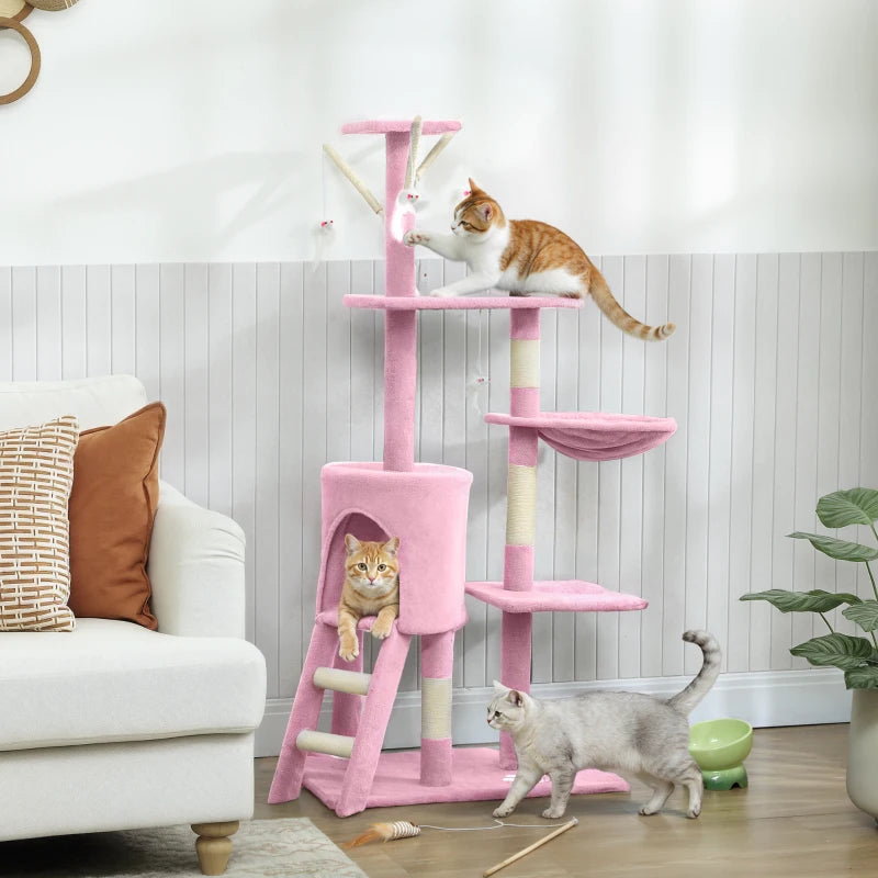 53" Cat Tree Tower, Kitten Activity Centre with Scratching Posts, Condo, Perches, Ladder, Hammock, Dangling Toys, Pink