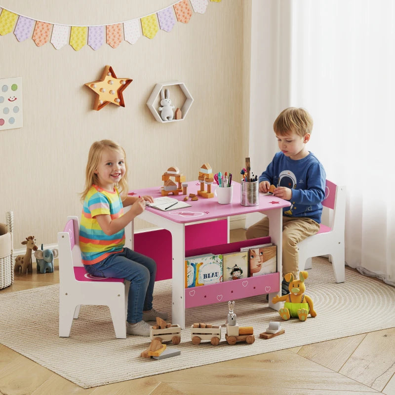 Qaba 3 Pieces Kids Table and Chair Set with Bookshelves, for Classroom, Home, Nursery, Playroom, for Read, Draw, Art, Pink