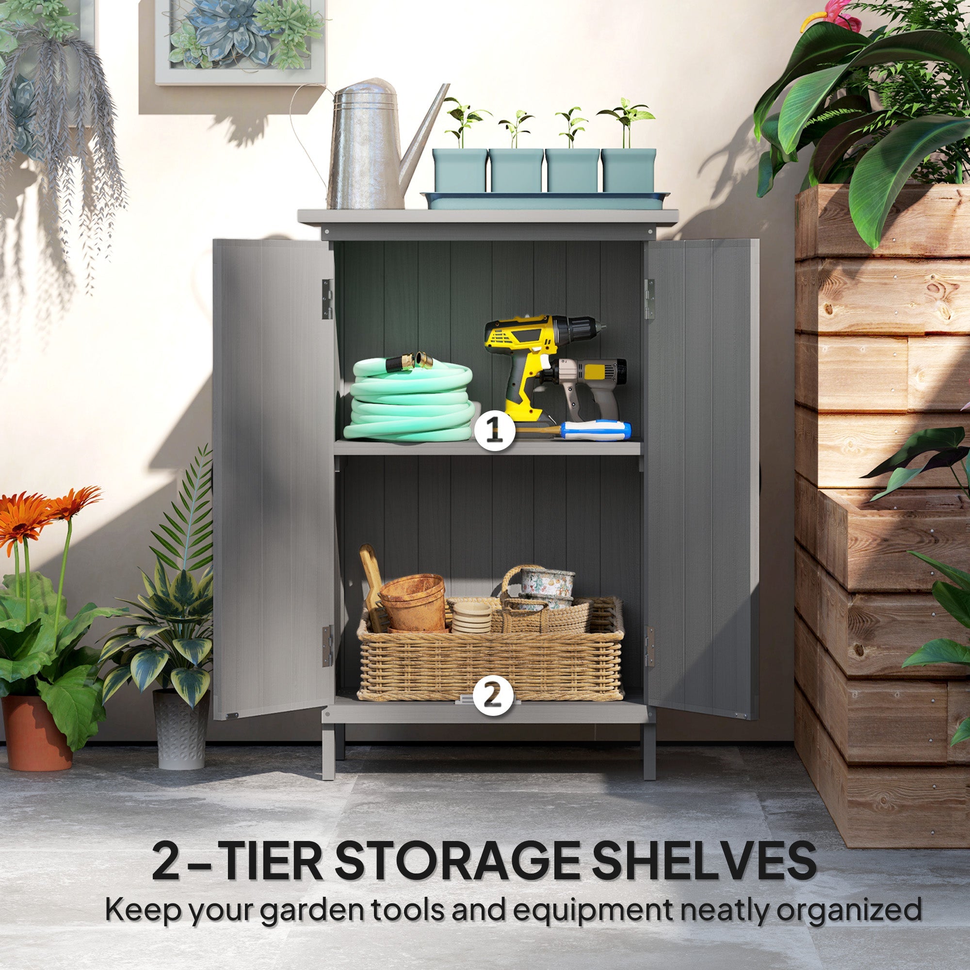 Outsunny Outdoor Storage Cabinet, Wooden Garden Storage Shed with 2-Tier Shelves, Metal Tabletop and Magnetic Doors, Grey 