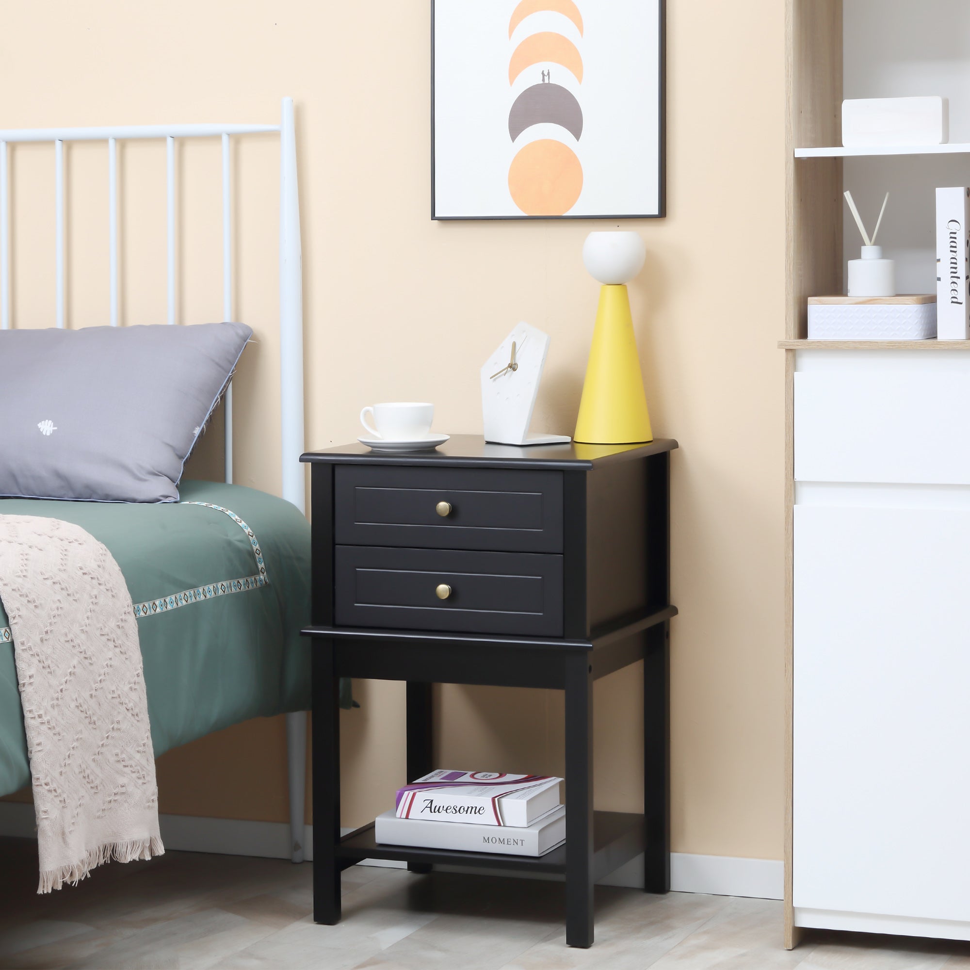 HOMCOM Chic End Table: Modern Sofa Side Table with Drawers and Storage Shelf, Nightstand for Bedroom, Living Room, Matte Black 
