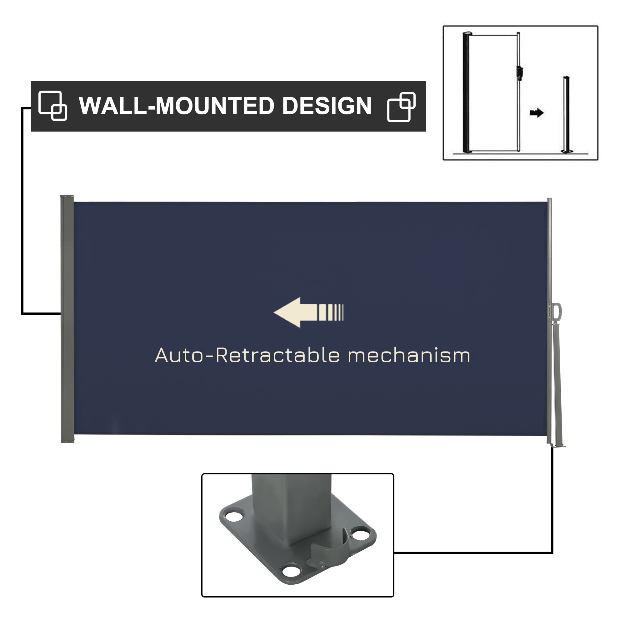 Outsunny 118"x63" Outdoor Retractable Privacy Screen Patio Side Awning Folding Divider UV Wind Resistant Dark Blue 