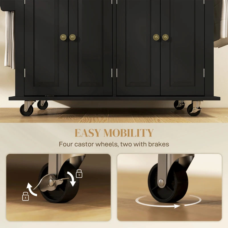 Rolling Kitchen Island with Rubber Wood Top and Storage, Spice Rack, Towel Rack, Black