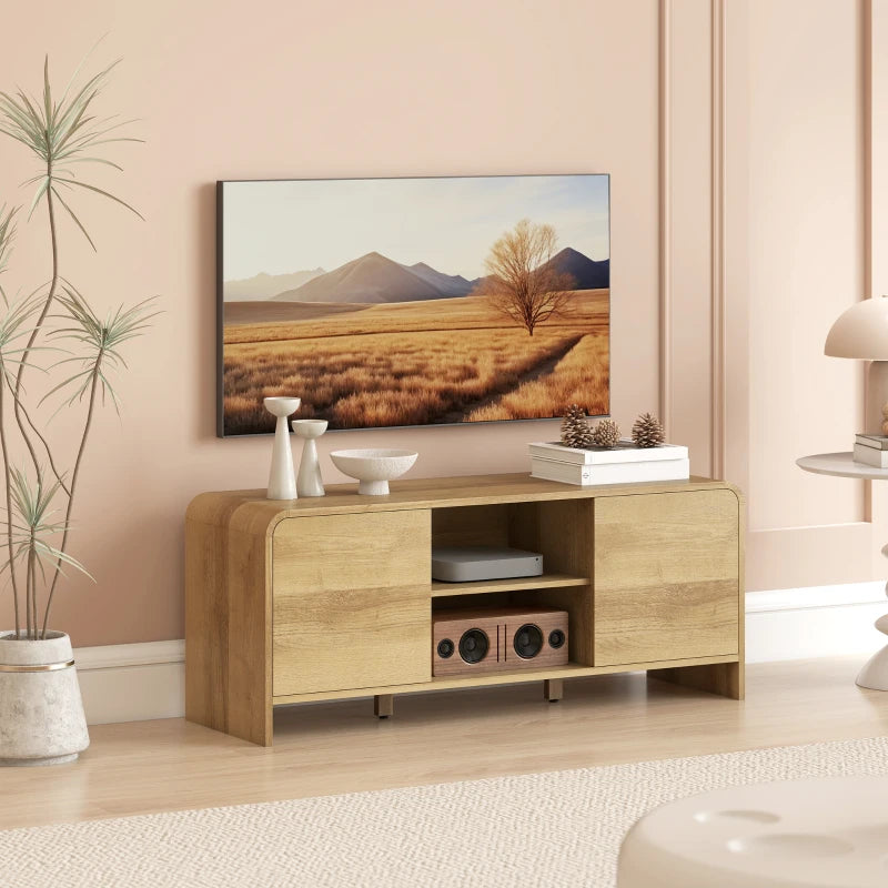 TV Stand for up to 55 Inch TV, Nordic Entertainment Center with 2 Cabinets and 2 Open Shelves for Living Room, Natural Wood