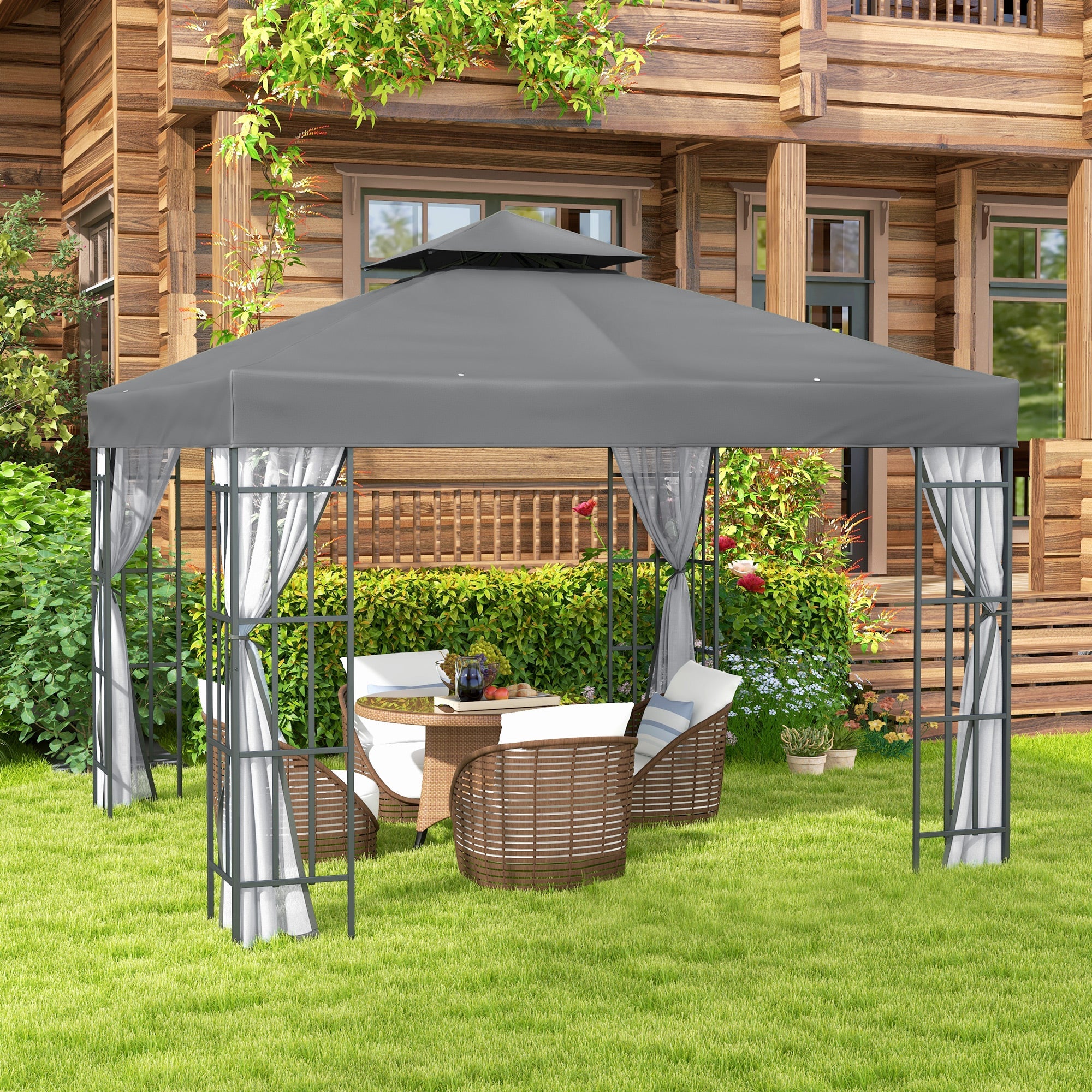 Outsunny 10'x10' Garden Gazebo Patio Canopy Portable Party Event Backyard w/ Mosquito Netting Grey 
