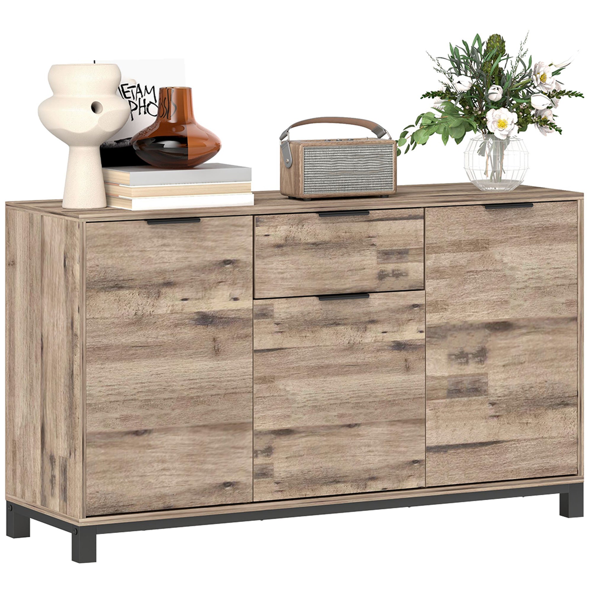 HOMCOM 47" Buffet Cabinet, Industrial Sideboard with 3 Doors, Drawer, 2 Adjustable Shelves for Living Room, Brown Wood Grain 