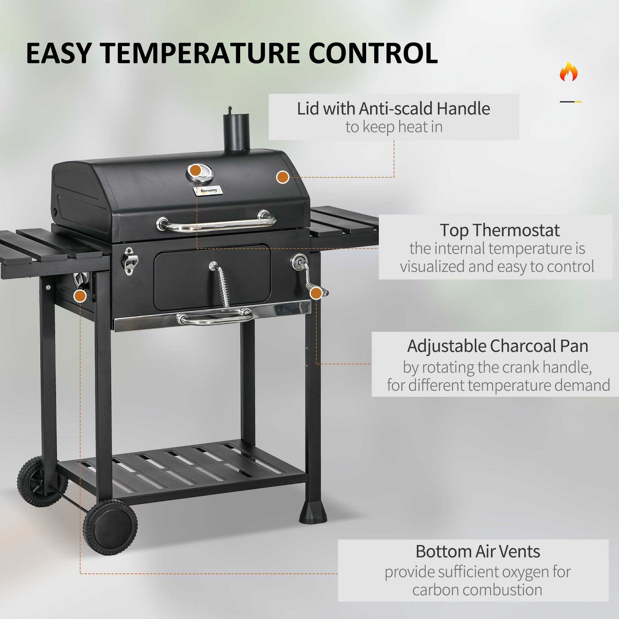 Outsunny Charcoal BBQ Grill Smoker, Adjustable Charcoal Pan, Galvanised Steel, Barbecue Trolley with Storage, Outdoor Cooking 
