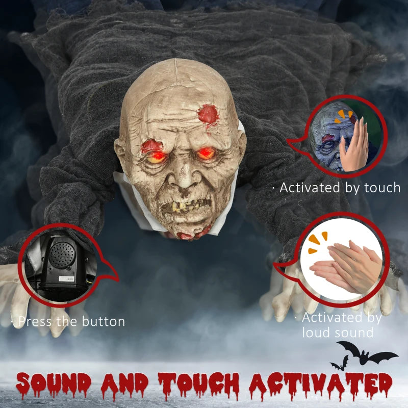 HOMCOM 62” Life-Size Outdoor Halloween Crawling Zombie – Animated Prop with Sound, Motion Activation & Light-Up Eyes 