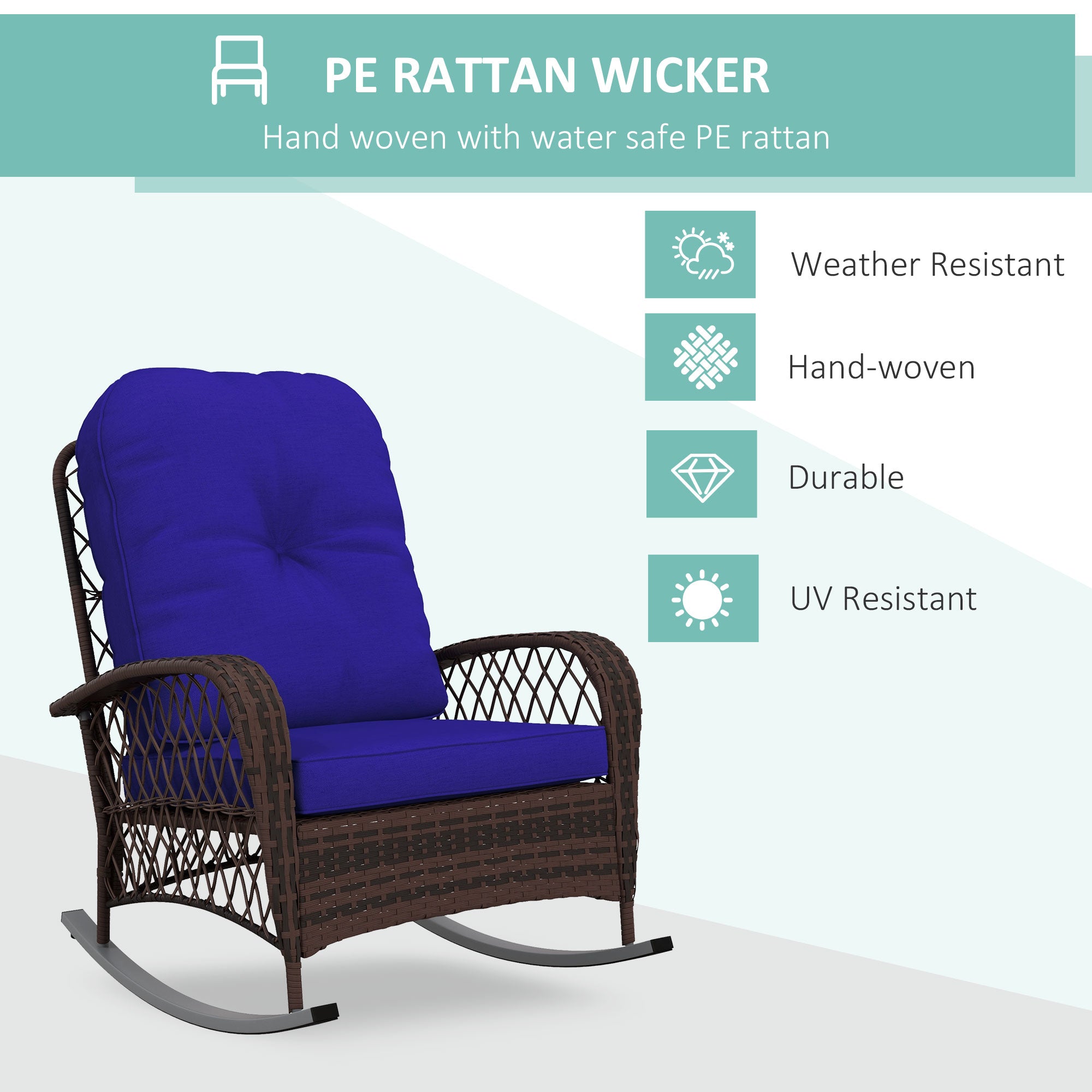 Outsunny Outdoor Wicker Rattan Rocking Chair Patio Rocker with Thick Cushions for Garden Backyard Porch, Dark Blue 