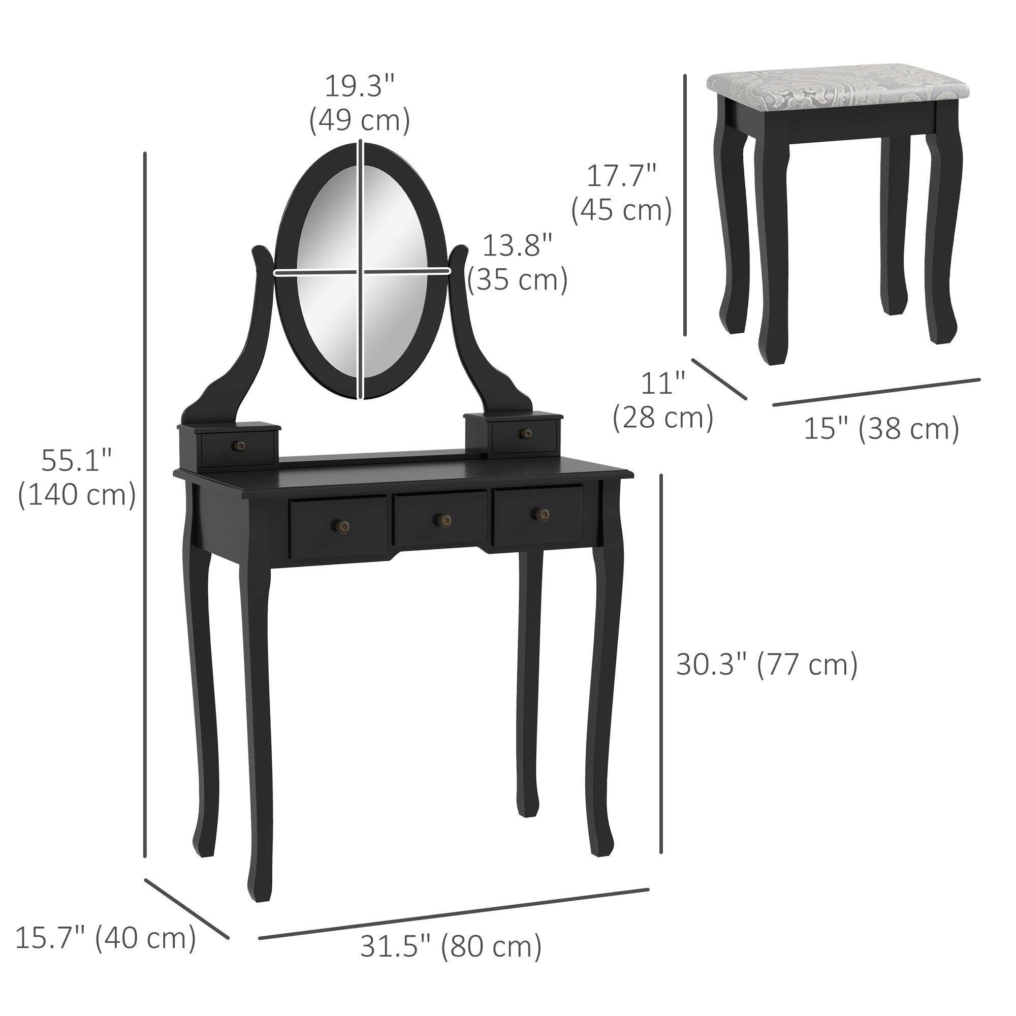 HOMCOM Vanity Dressing Table Set Contemporary Wooden Makeup Desk with Mirror Stool 5 Drawers Black 