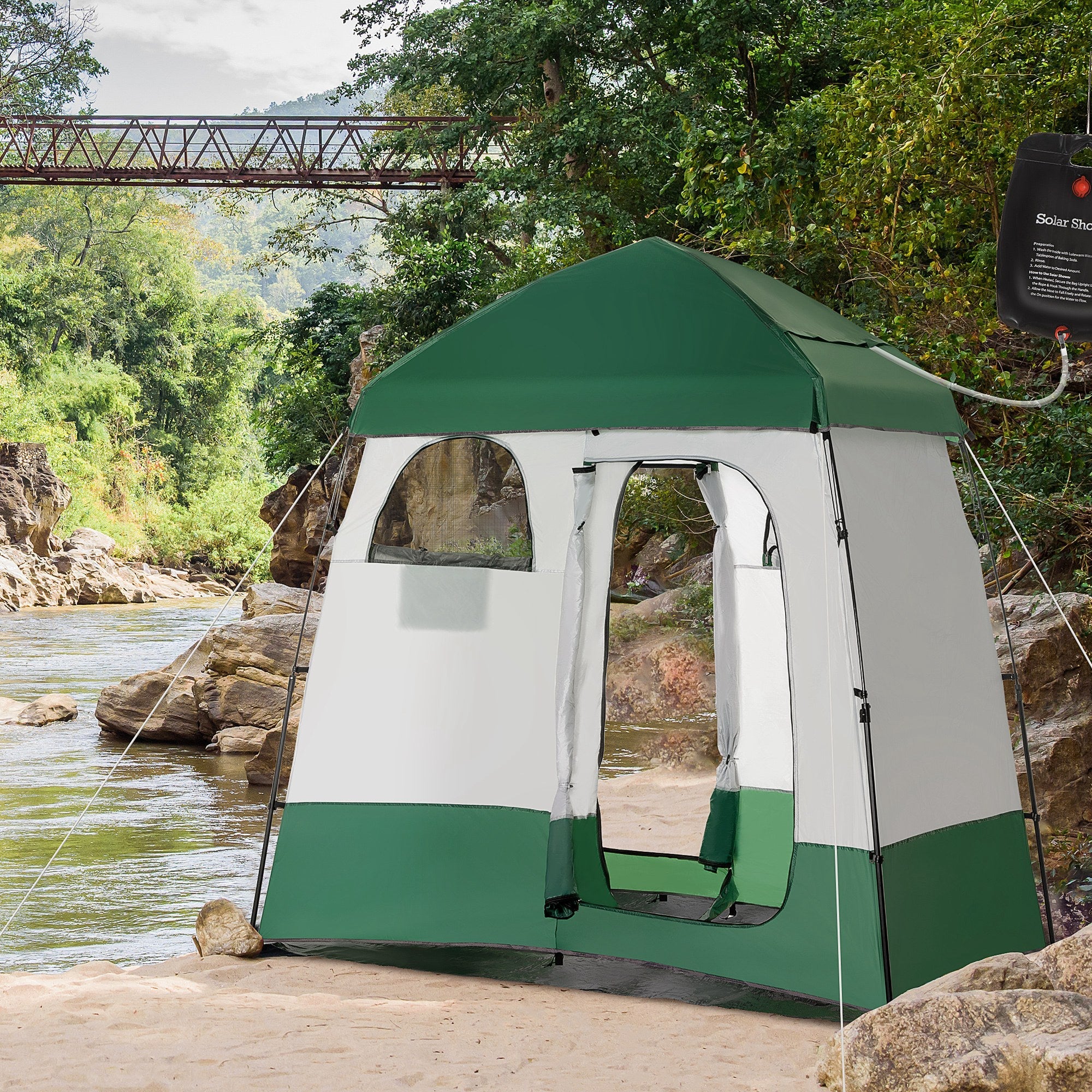 Outsunny Outdoor Portable Pop Up Shower Tent Changing Tent Privacy Enclosure with 2 Rooms, Shower Bag, Floor for Camping, Green 