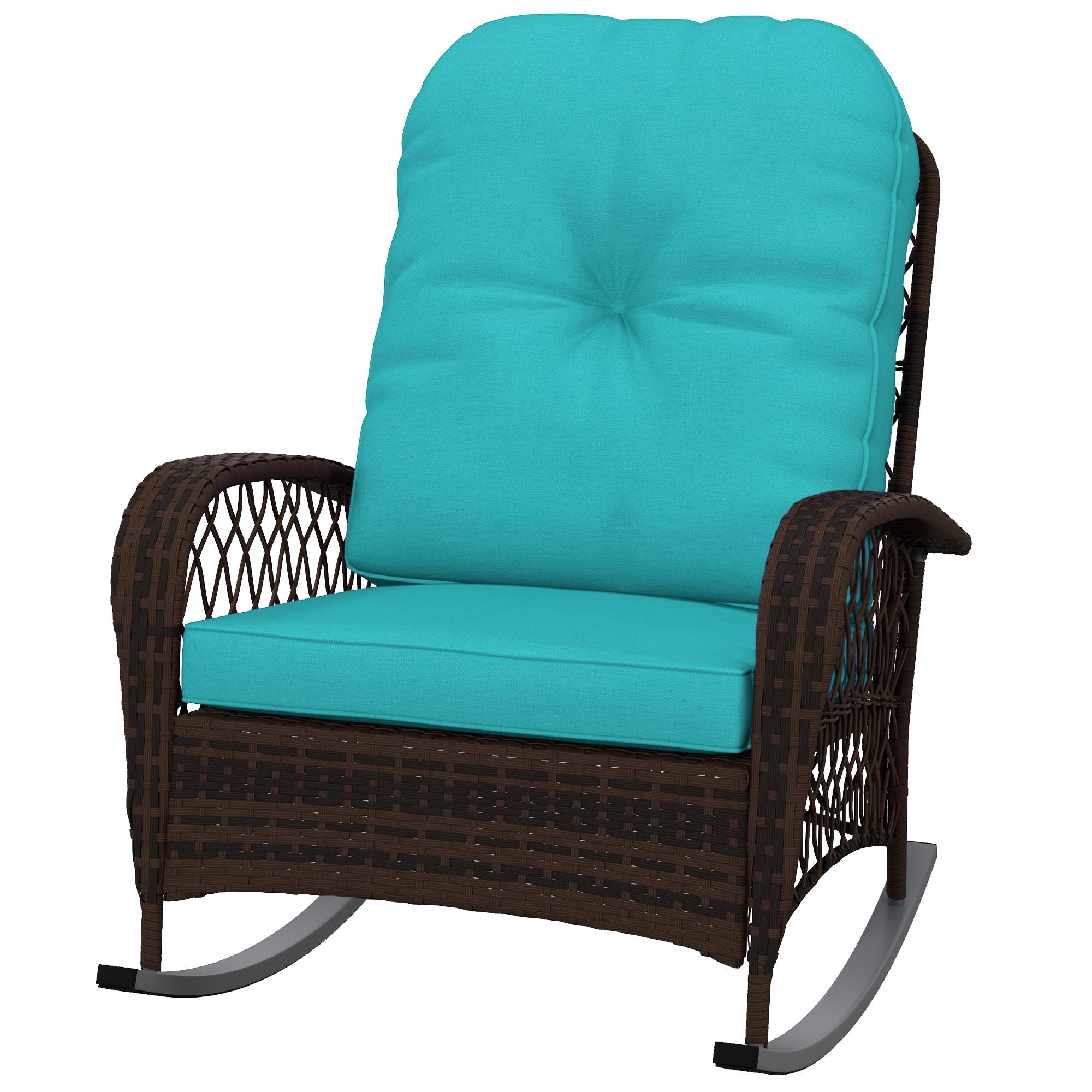 Outsunny Outdoor Wicker Rattan Rocking Chair Patio Rocker with Thick Cushions for Garden Backyard Porch, Turquoise 